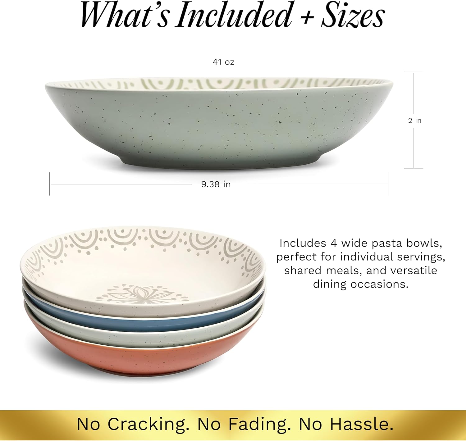 Sango 4-Piece Speckled Stoneware Pasta Bowl Set- Wide Shallow Dinner Bowls with Hand-Painted Rustic Design, Farmhouse Glossy Large Ceramic Bowls for Pasta, Salad & Everyday Meal, Siterra Glazed Garden image 4