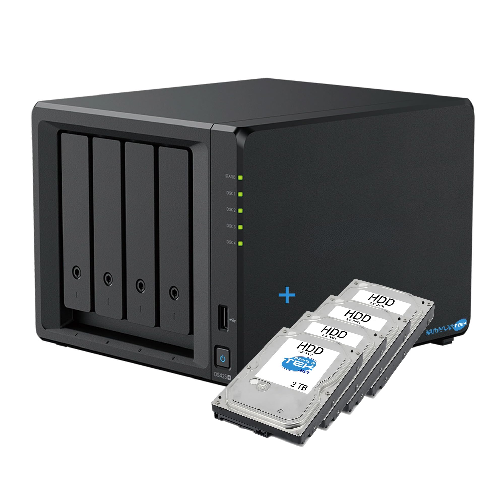 SIMPLETEK - Server NAS 4 Vani 4x2TB HDD 2GB RAM 2.5GbE (Ricondizionato) | Server NAS di archiviazione a 4 vani con 4 HDD da 2TB inclusi, 2GB RAM, LAN 2.5 GbE e slot NVMe per uso casa e ufficio.