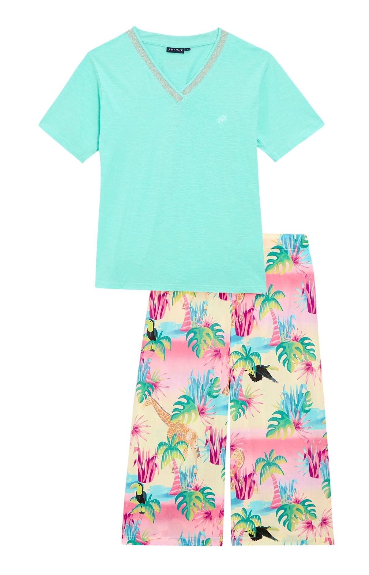ARTHUR - Pyjama Corsaire Femme Oasis - Ensemble de Pyjama Femme - T-Shirt Manches Courtes et Pantalon mi-Long - Coton Issu de l'agriculture Biologique