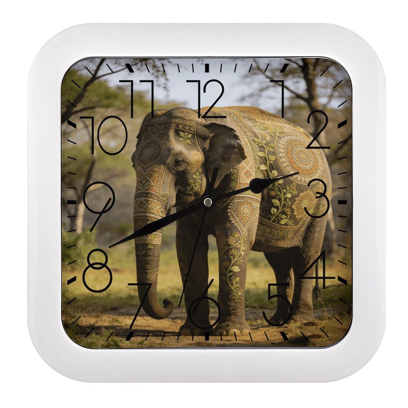 Fodpand Style Decorative Patterned Elephant Wall Clock,Battery Operated Modern Retro Rounded Square Clock Clock For Bedroom Living Room Office Home Gym Porch Decor Indoor Outdoor 10.2 * 10.2In