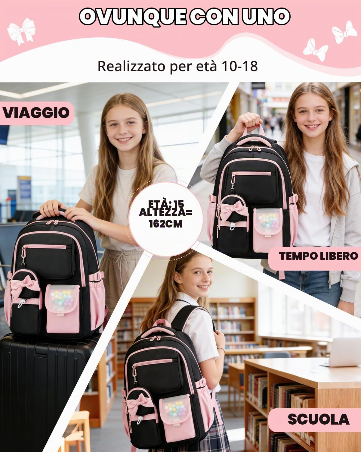 Amythe Zaino per Ragazze Scuola Elementare e Media - Zaino Scuola Grande 30L per Porta PC 15.6", Zaini Casual Impermeabile per Adolescenti 10-18 Anni - Adatto a Carrelli -Rosa