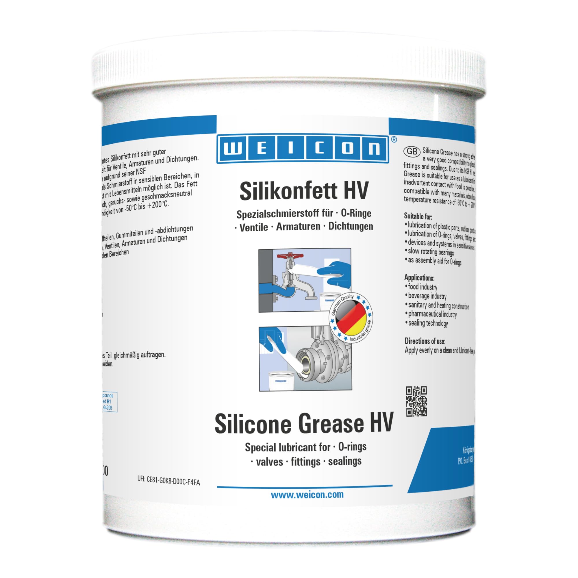 WEICON Grasso siliconico HV 1 kg, Grasso siliconico alimentare per valvole, raccordi e guarnizioni, grasso lubrificante trasparente