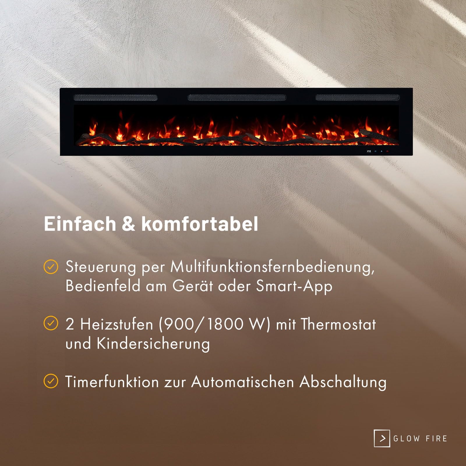 GLOW FIRE Kominek elektryczny Inside 182 z realistycznym ogniem LED 3D – ścienny kominek elektryczny z ogrzewaniem i ogniem, sterowanie za pomocą aplikacji, efekt trzaskania i timer, maks. 1800 W, 182