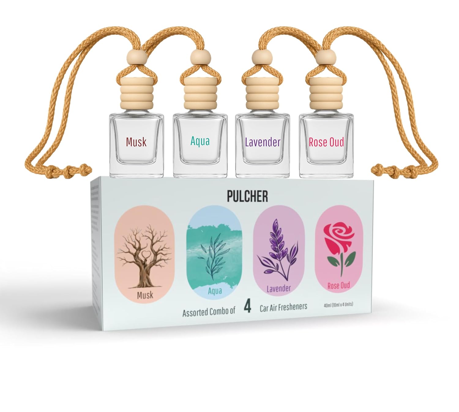PULCHER Long Lasting Car Fresheners - Assorted Combo Pack of 4 (Musk + Aqua + Lavender + Rose Oud) | Luxury perfume for ca... - Review, Price and Buying Guide