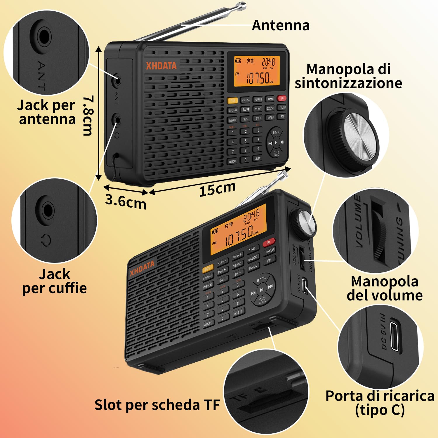 XHDATA D109WB Radio Portatile Tascabile Ricaricabile, FM/AM/LW, Orologio E Doppio Sveglia, Presa Per Cuffie, Lettore Mp3 Stereo Tf/bluetooth, Jogging, Passeggiate, Cucina, Famiglia Anziani Applicabile