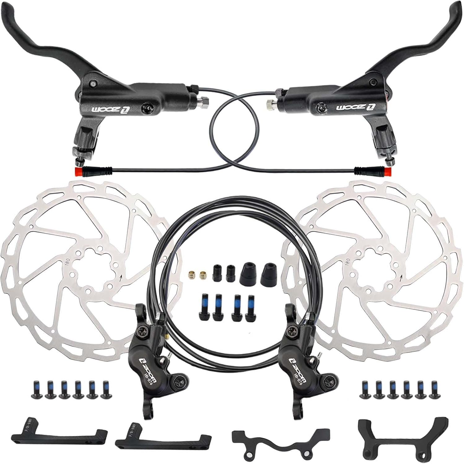 Zoom HB876E Hydraulic Disc Brakes Set 4-Pistons E-Bike Electric Power-OffHydraulic Brake Set with 180mm Rotors, Adapter Fit EBike Fat Bike Bicycle for Mountain Bike, Road Bike (Black)