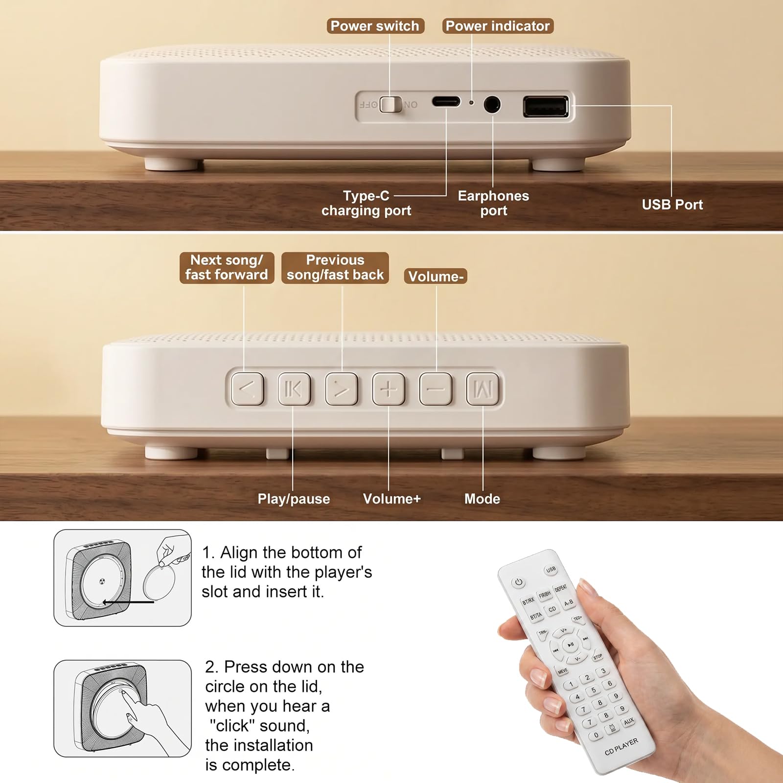 Gueray Desktop CD Player Bluetooth CD-Spieler mit Lautsprechern für Zuhause 1800mAh Tragbarer CD-Player mit AUX USB Kopfhörer Jack FM Radio mit Fernbedienung Staubschutz LCD Display für Kinder-Weiß