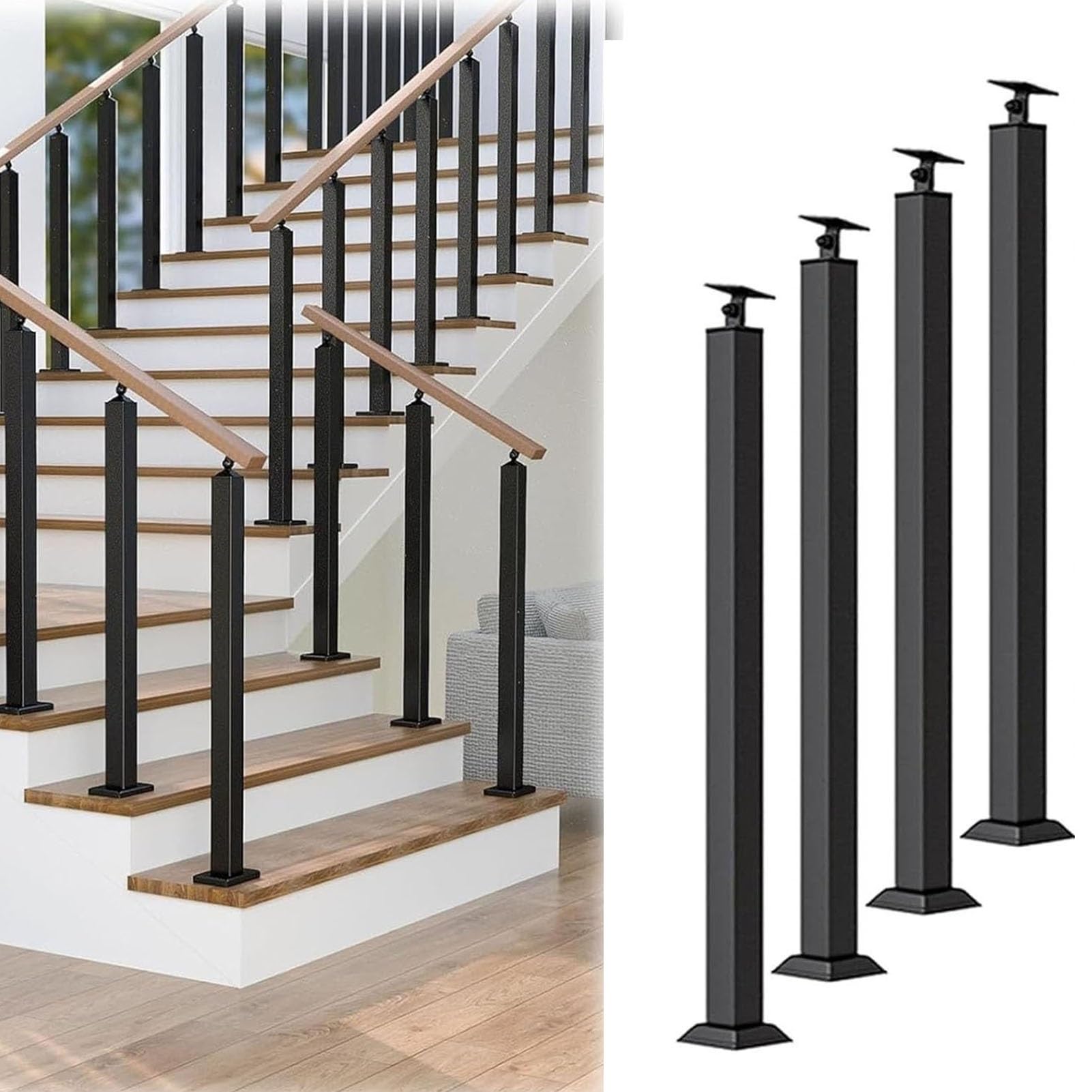 GLDYTVF Square Transition Baluster Column - Metal Handrail Railing Post, with Flat Adjustable 270° Angle Bracket, Garden Corridor Lofts Villa Stair Guardrail, Balustrade Fence Spindles(4PC