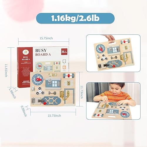 Miniatura 6 de Smartwo Montessori - Tabla de actividades para niños pequeños, juguete sensorial de madera para habilidades motoras finas, habilidades para la vida,