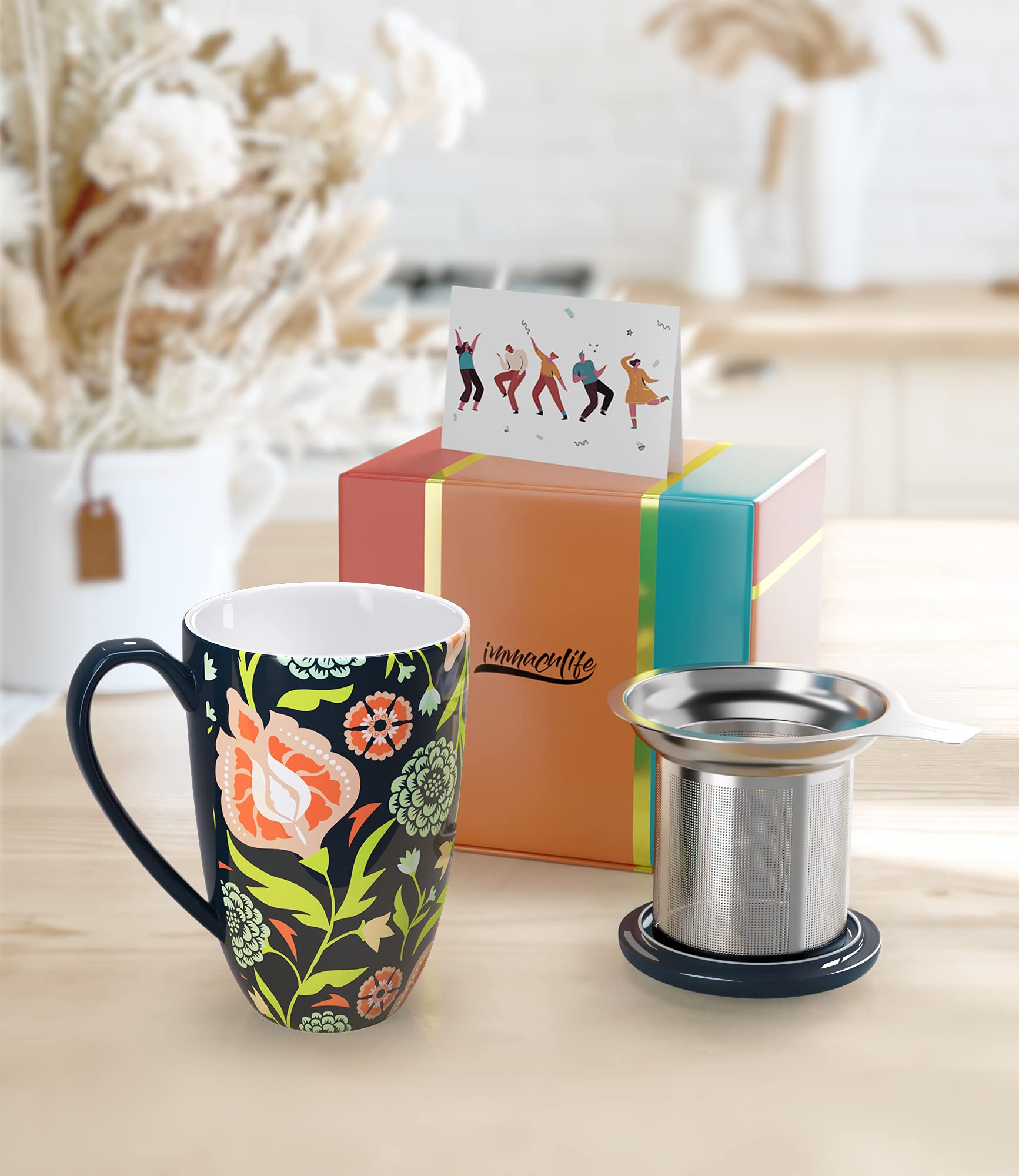 Taza de té de cerámica con infusor y tapa, 15oz de porcelana con filtro, taza de té con tapa