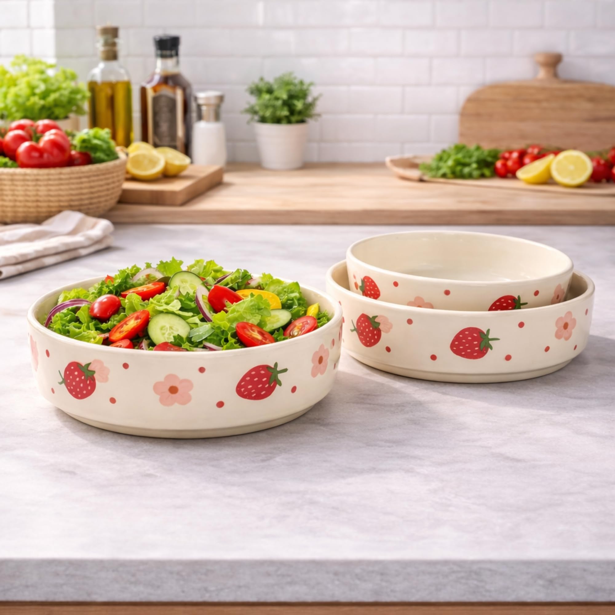 Buy Ninasa Ceramic Strawberry Stackable Bowl Set of 3 | Hand