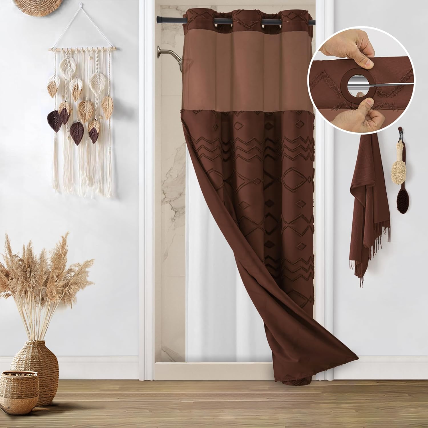 PANGSINNE No Hooks Stall Shower Curtain with Snap in Liner- Water Repellent Tufted Chevron Striped Shower Curtains for Bath Tubs, Narrow Hotel Quality Bath Curtain Set, 36Wx74H, Brown