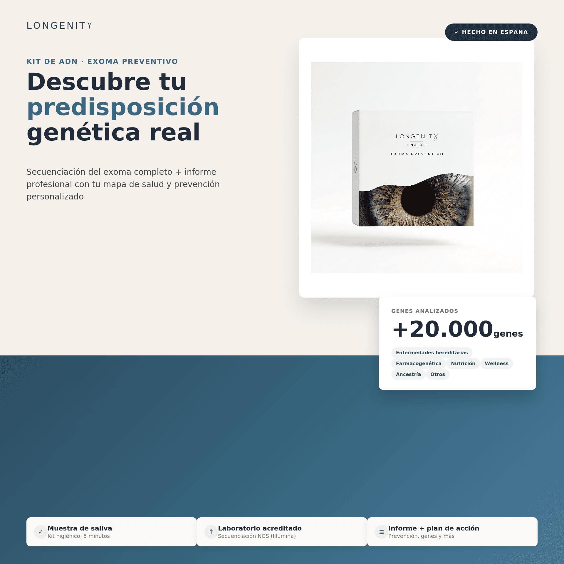 Test ADN Exoma Preventivo | Kit Avanzado Informativo de Salud en Casa | Secuenciación Completa del Exoma | Predisposiciones Genéticas, Nutrición, Farmacogenética, Wellness, Ancestría y Mucho Más | Informe personalizado
