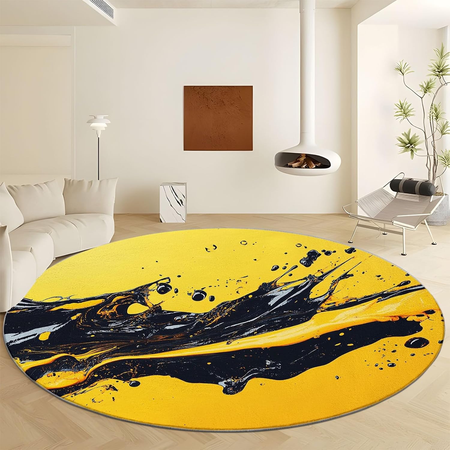 2 ft Round Rugs Machine Washable, Abstract Liquid Marble Texture Soft Indoor Carpet, Black Yellow Low Pile Non Slip Carpets, for Living Room Bedroom Dining Room Decor Round Rug