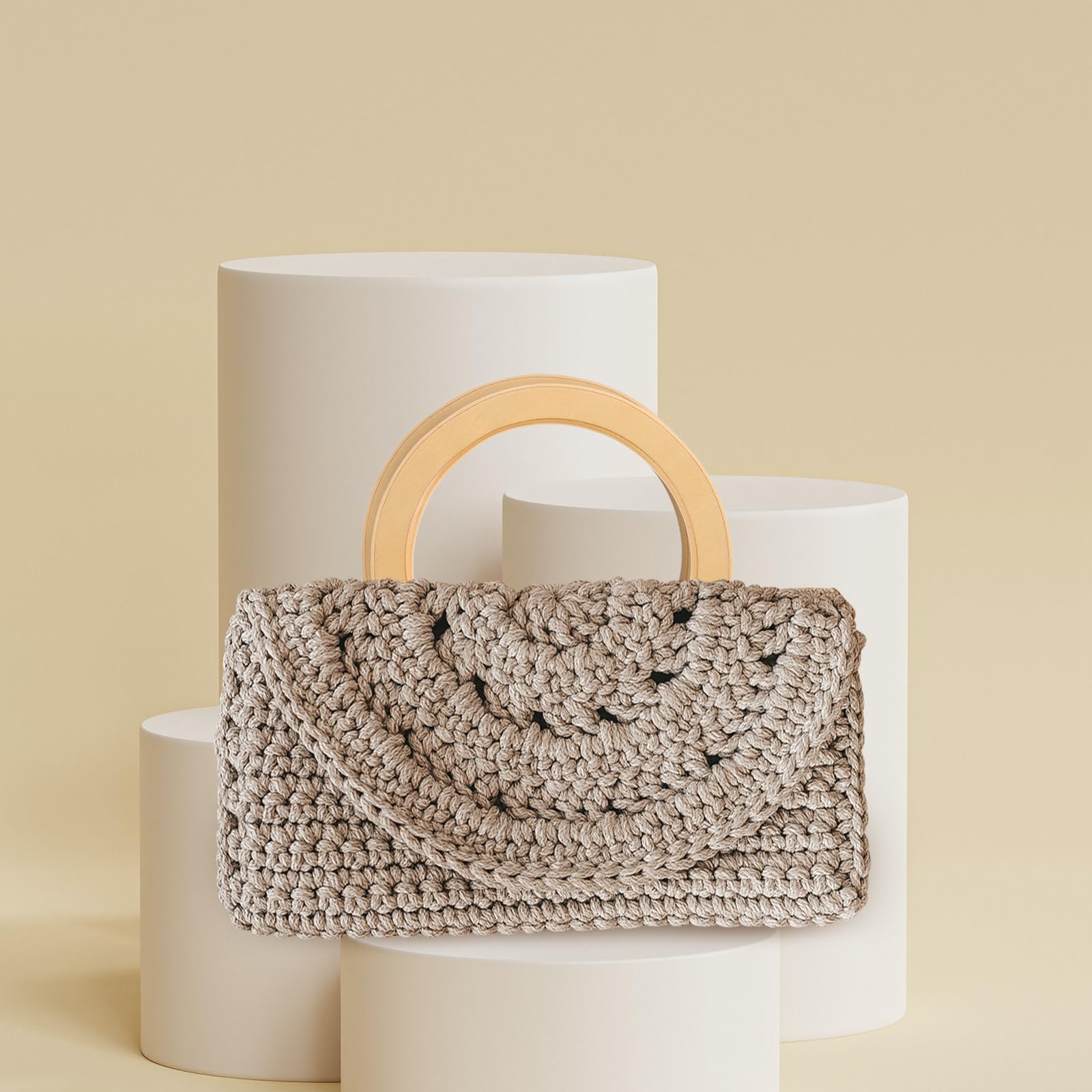 Asas Redondas de Madera Beige para Bolsos, 6 Piezas | Bolso de Playa y Bolso de Mano, Acabado Pulido, Agarre Cómodo, Estilo Natural Vintage