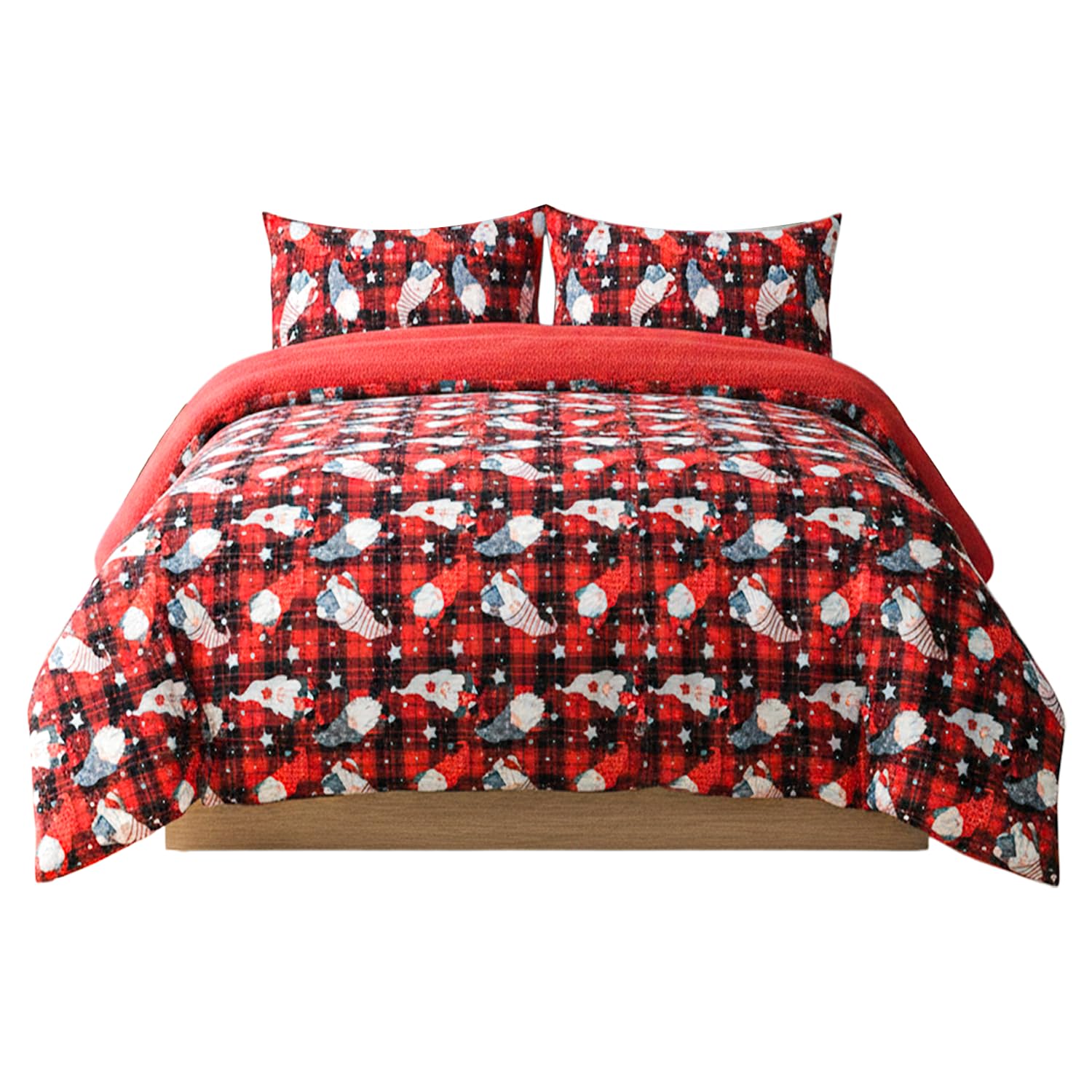 Rohi Red Tartan Teddy Fleece Christmas Bedding Single Duvet Cover Set – Cozy Gonk Bedding With Pillowcases, Soft & Warm Winter Quilt Cover, Christmas Gonks Bedding Set Festive Xmas Gonks (137X200cm)
