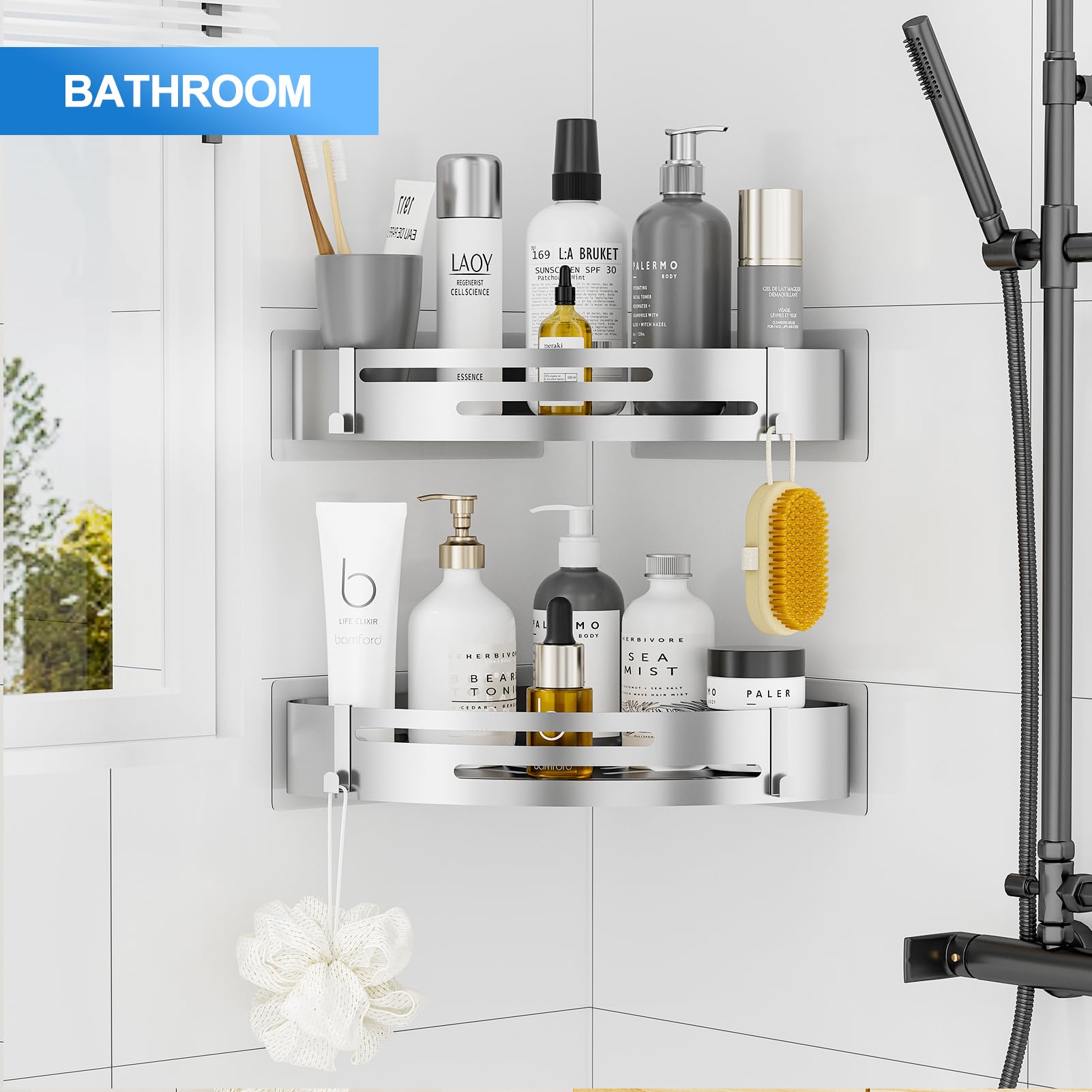 PNNP Mensola Doccia Angolare Senza Foratura 2 Pezzi, Portasapone doccia Adesiva Portaoggetti Doccia Acciaio Inox con 4 Ganci, Porta Oggetti da Bagno per Shampoo Sapone Bagnoschiuma (Argento)