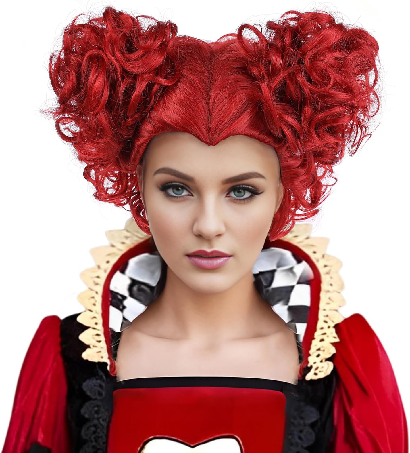 Red Queen Wig with Crown Costume Girls Women Two Buns Heat Resistant Synthetic Hair for Halloween Christmas Party