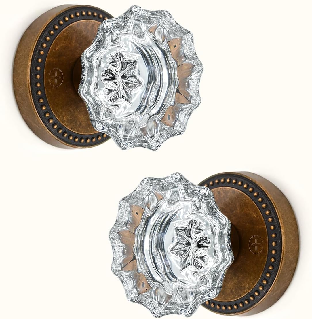 Asidrama 2 Pack Antique Brass Dummy Door Knob, Non-Turning Decorative Door Lever with Door Knobs for Closet, French Double Doors, Pantry & Interior Push/Pull Use
