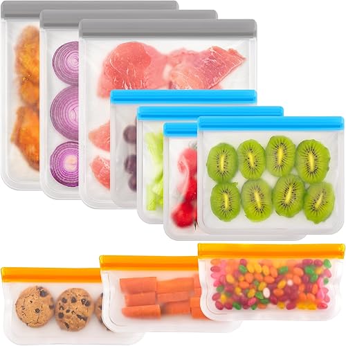 Paquete de 10 bolsas reutilizables de silicona aptas para lavavajillas, bolsas reutilizables para congelador con cremallera, bolsas de silicona a
