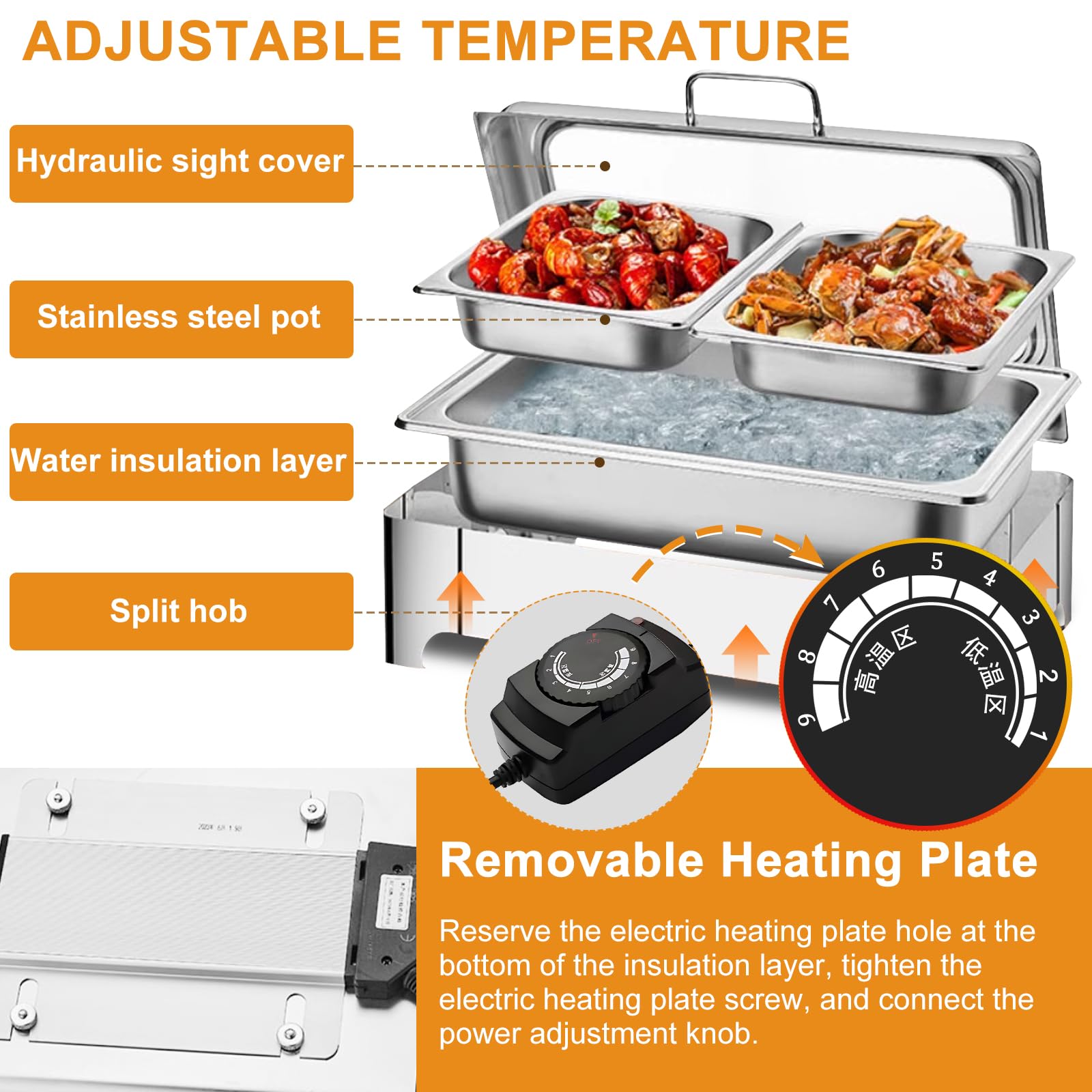 9L Chafing Dish Elettrico, Professionale Scaldavivande Elettrico per Buffet, Acciaio Inox Contenitore Scalda Cibo per Famiglia, Ristoranti, Hotel, Feste, 58x44×25cm (1/1)