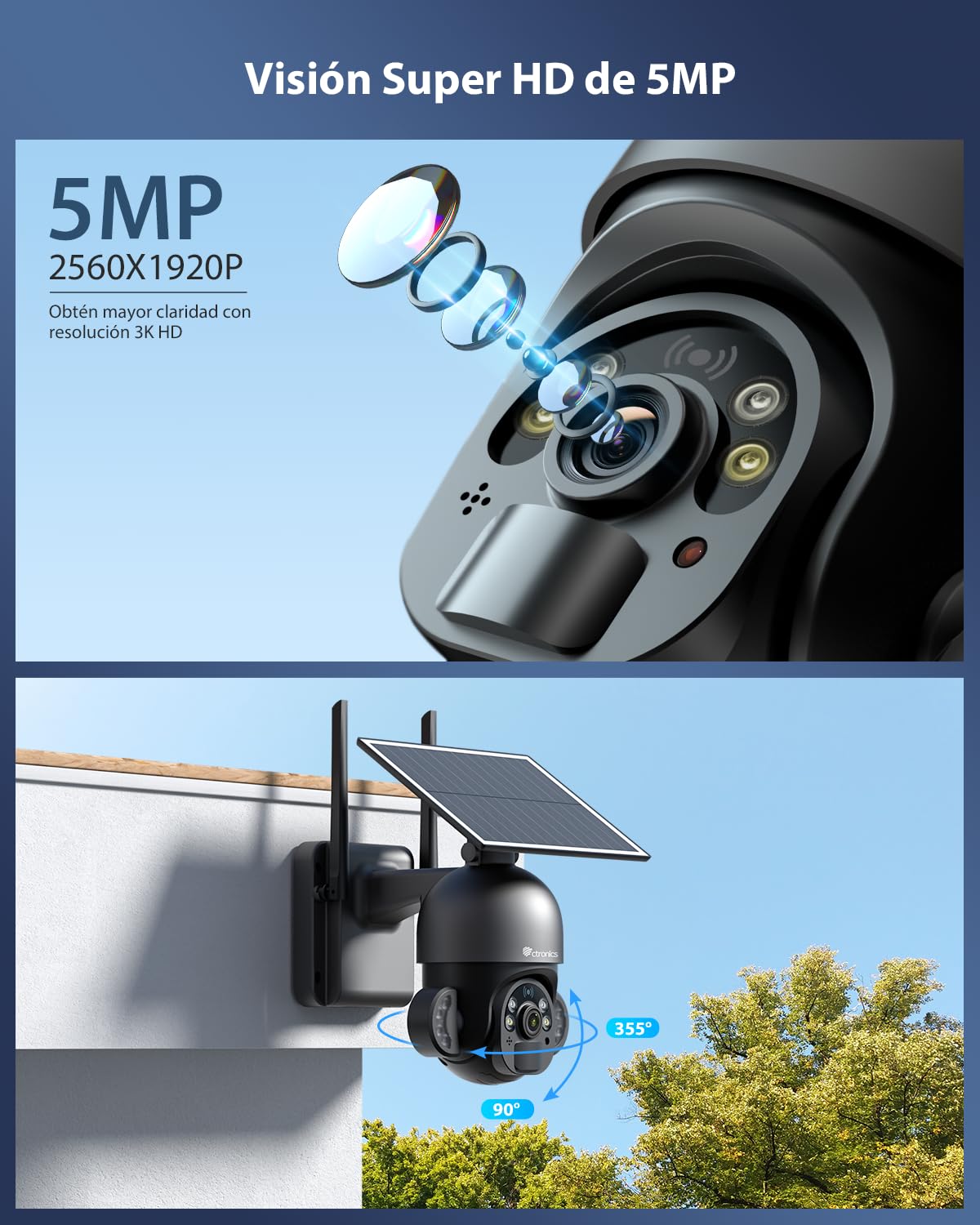 Ctronics Cámara Vigilancia Exterior con Panel Solar 6W, Cámara PTZ 3K 5MP | HD, Detección PIR y Humana, 10 Focos LED, Visión Nocturna en Color, Audio Bidireccional, FTP, Acceso Remoto por PC/Móvil