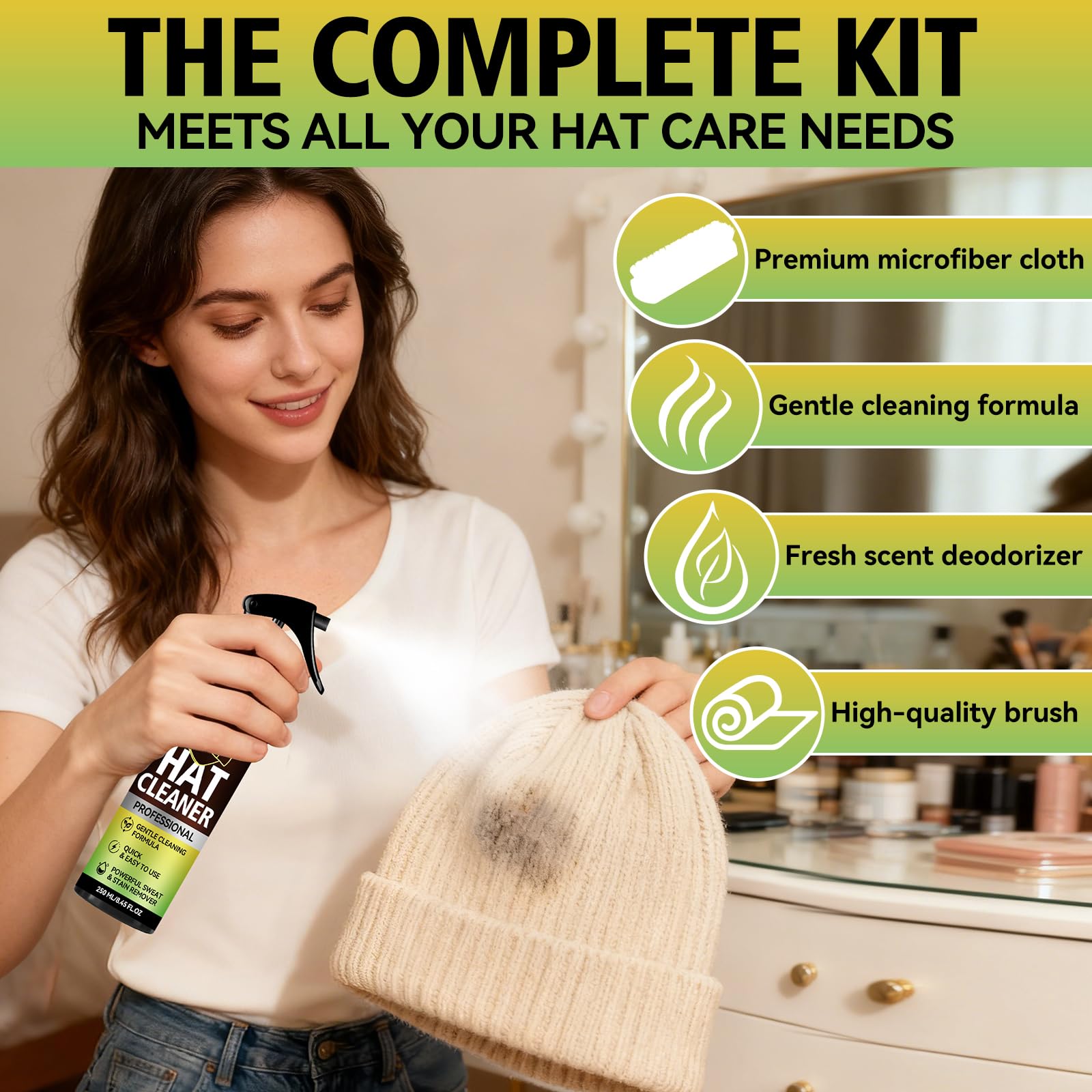 Hat Cleaning Kit, Professional 4-in-1 Hat Cleaner & Deodorizer Spray, Includes Soft Brush & Microfiber Cloth, for Baseball, Trucker, Felt, Wool, Dad Hats, No Water Needed, Remove Stains & Odors - 3