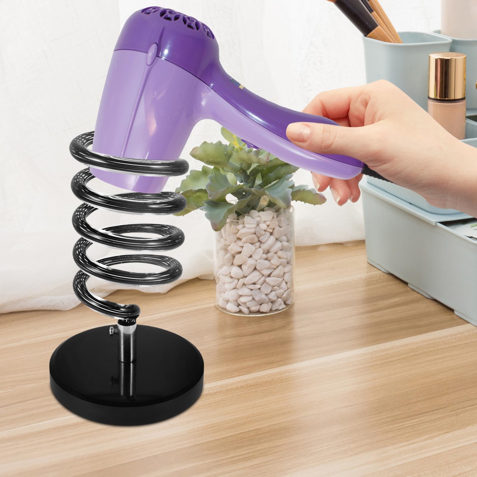 Vaguelly Soporte para Secador de Pelo en Espiral con Diseño Multifuncional y Base de Mármol Negro para Uso en Baño o Salón sin Necesidad de Taladro