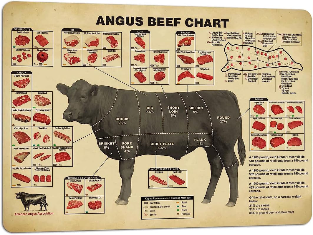 Yunking Q-118 Vintage Beef Butcher Guide Poster Food Wall Art Of Beef Cuts Division Chart Meat Art Prints Food Picture Decor Kitchen Modern Diagram Knowledge 8X12 Inch