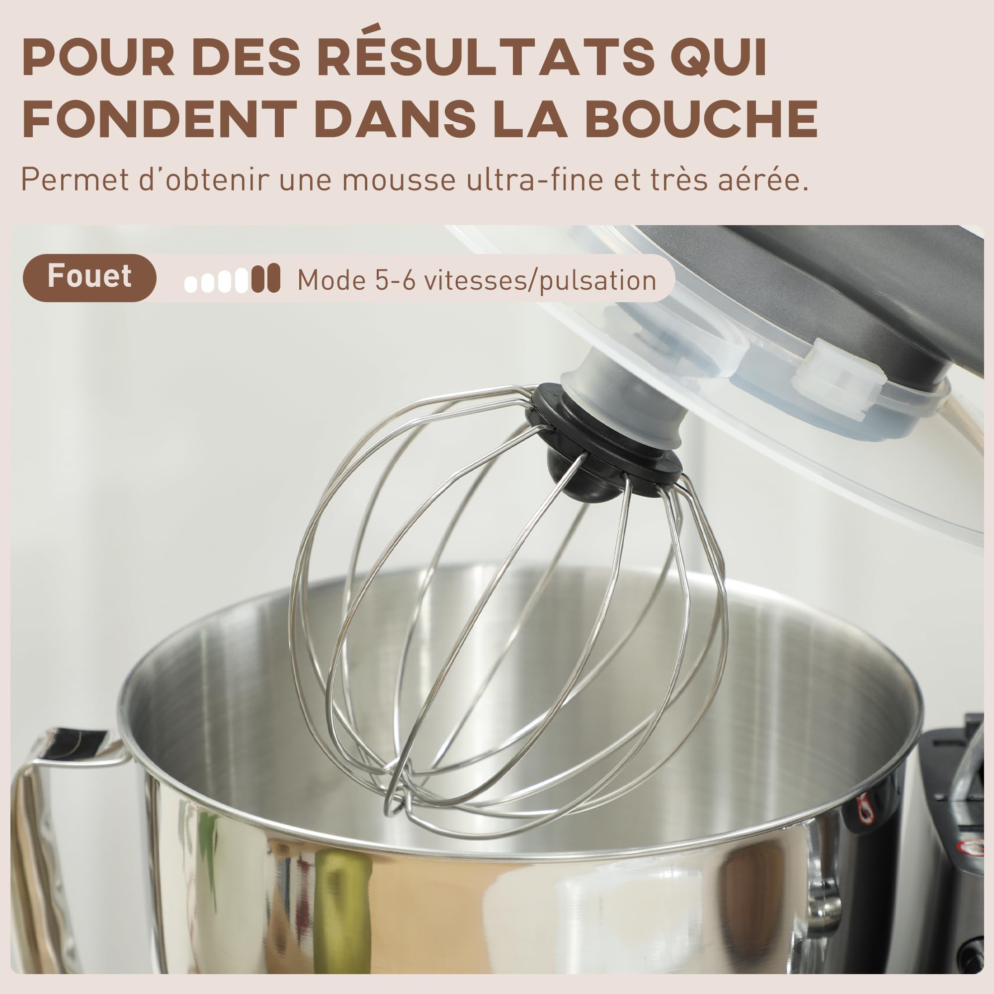 HOMCOM Robot Pâtissier 1300 W, Robot Pétrin Professionnel 4,5 L, Bol d'Acier Inoxydable, 6+P Vitesses et Pulse, Tête Inclinable, Crochet à Pâte, Fouet, Batteur, Spatule, Pare-Éclaboussures, Argent