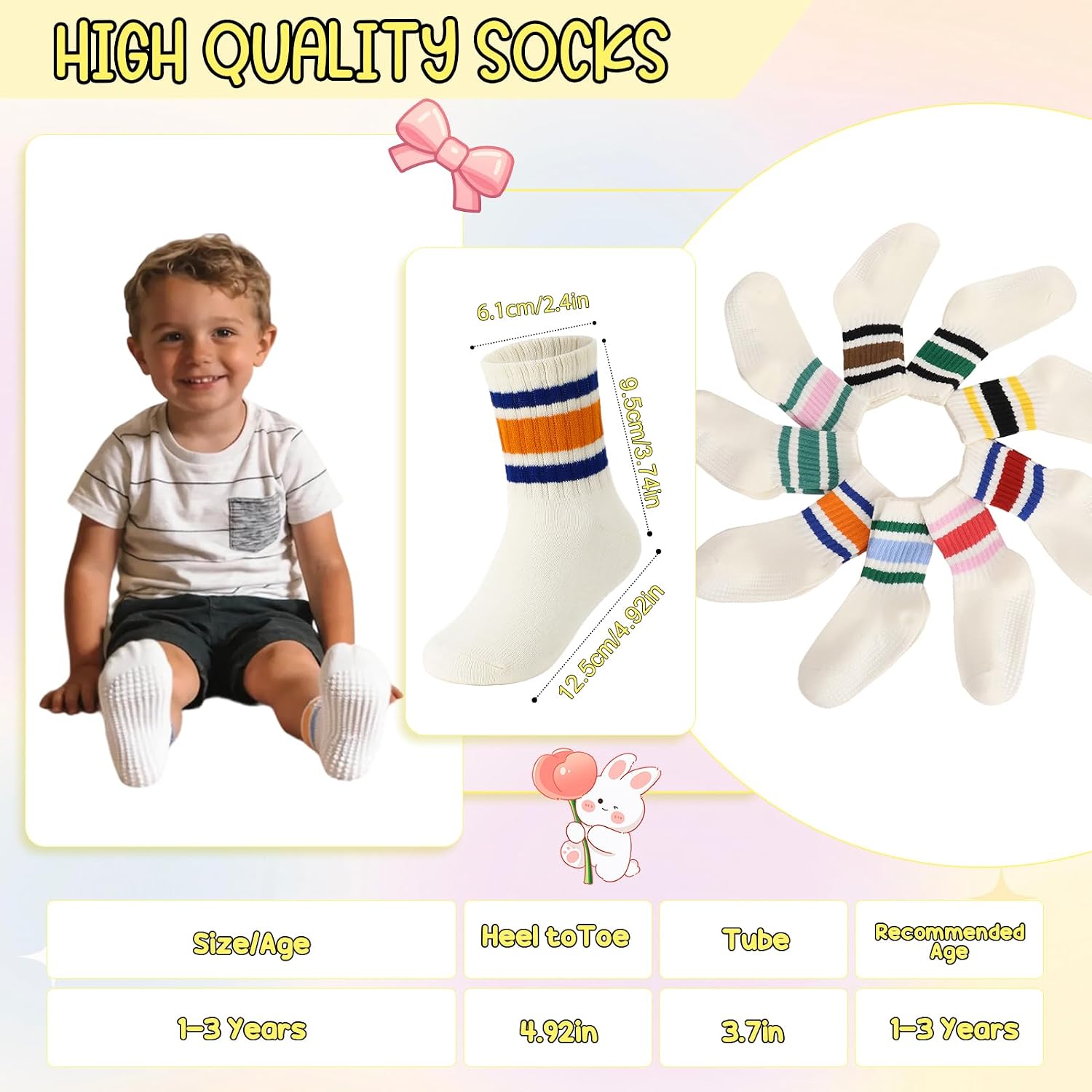 9 Pairs Unisex Baby Toddler Grip Socks - Non Slip Retro Stripe Cotton Crew Socks, Grippy Socks with Anti Skid Grips for Boys Girls