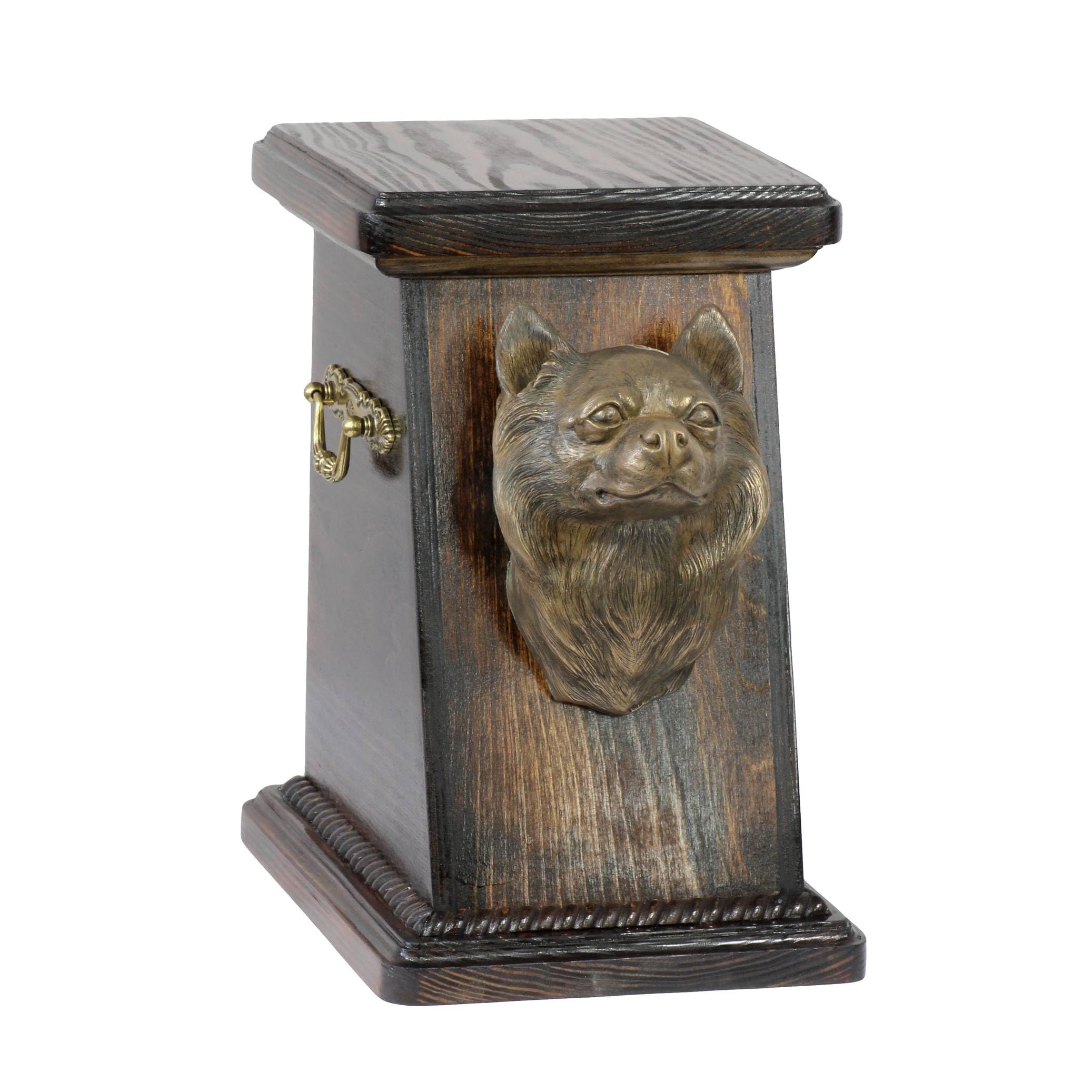 Urne Chihuahua poil long bronze base bouleau deuil résolu