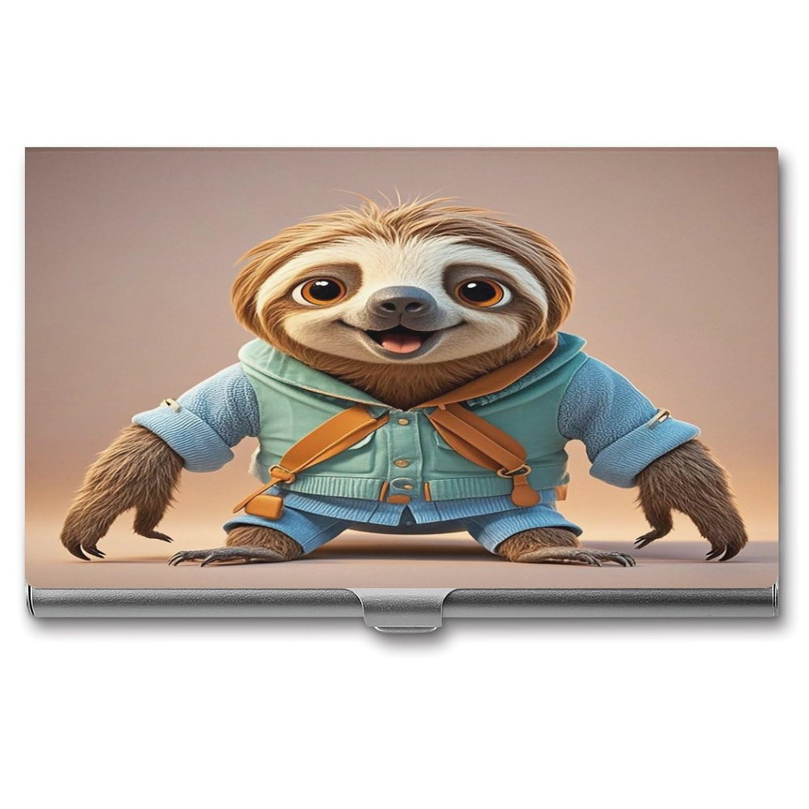 FekiLoot Cartoon Funny Sloth Business Card Holder Aluminum Alloy Business Card Case Convenient to Carry Business Card Dispenser for Men Women
