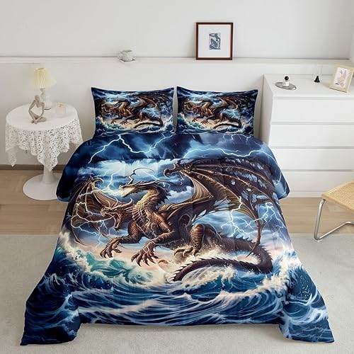 Miniatura 27 de Juego de edredón de dragón occidental, tamaño individual, juego de ropa de cama de relámpago, tsunami, desastre, olas del océano, decoración de Azul