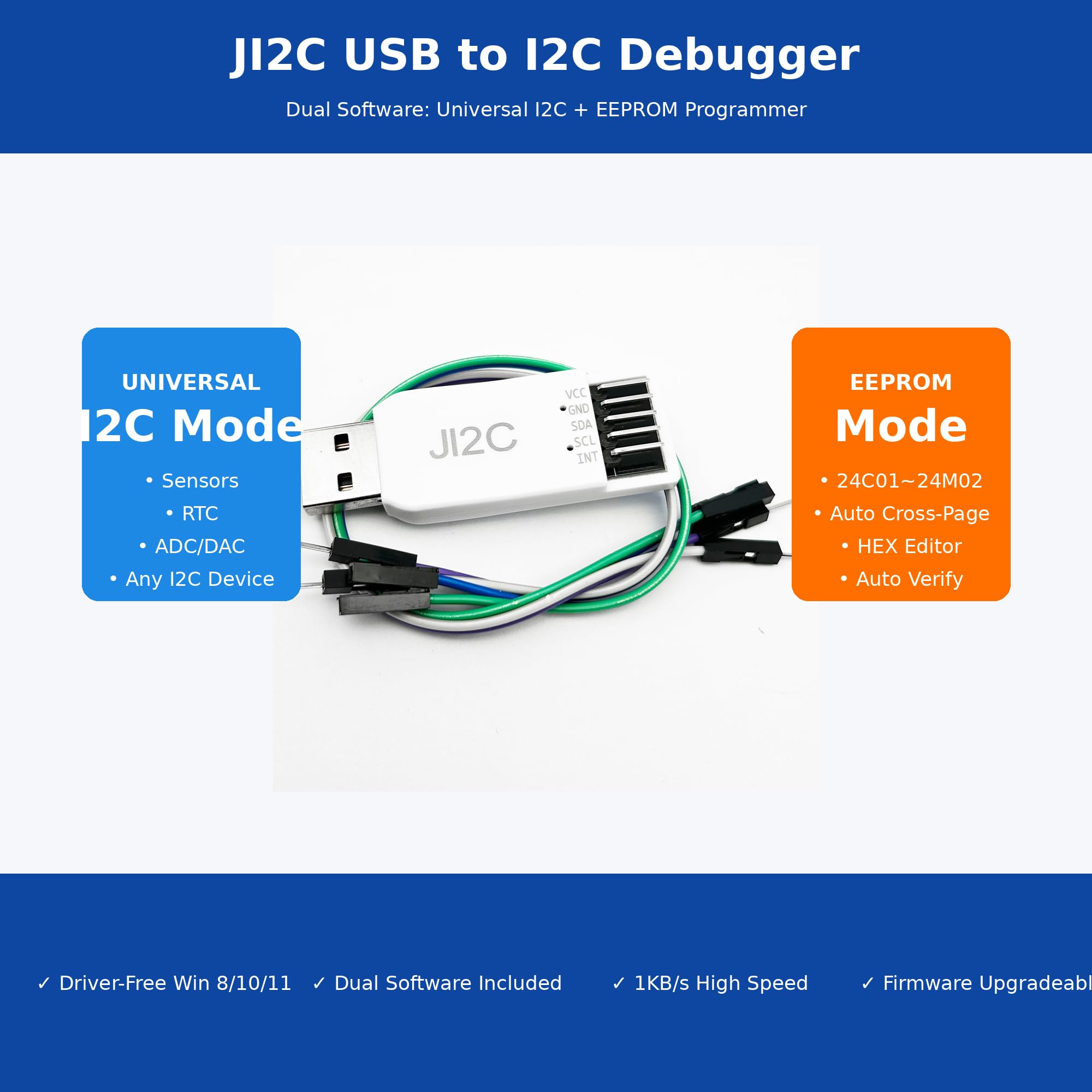 Adattatore JI2C da USB a I2C e debugger EEPROM | Supporto multi-dispositivo, tracciatura curva in tempo reale, lettura/scrittura veloce per registri I2C - Compatibile con Windows