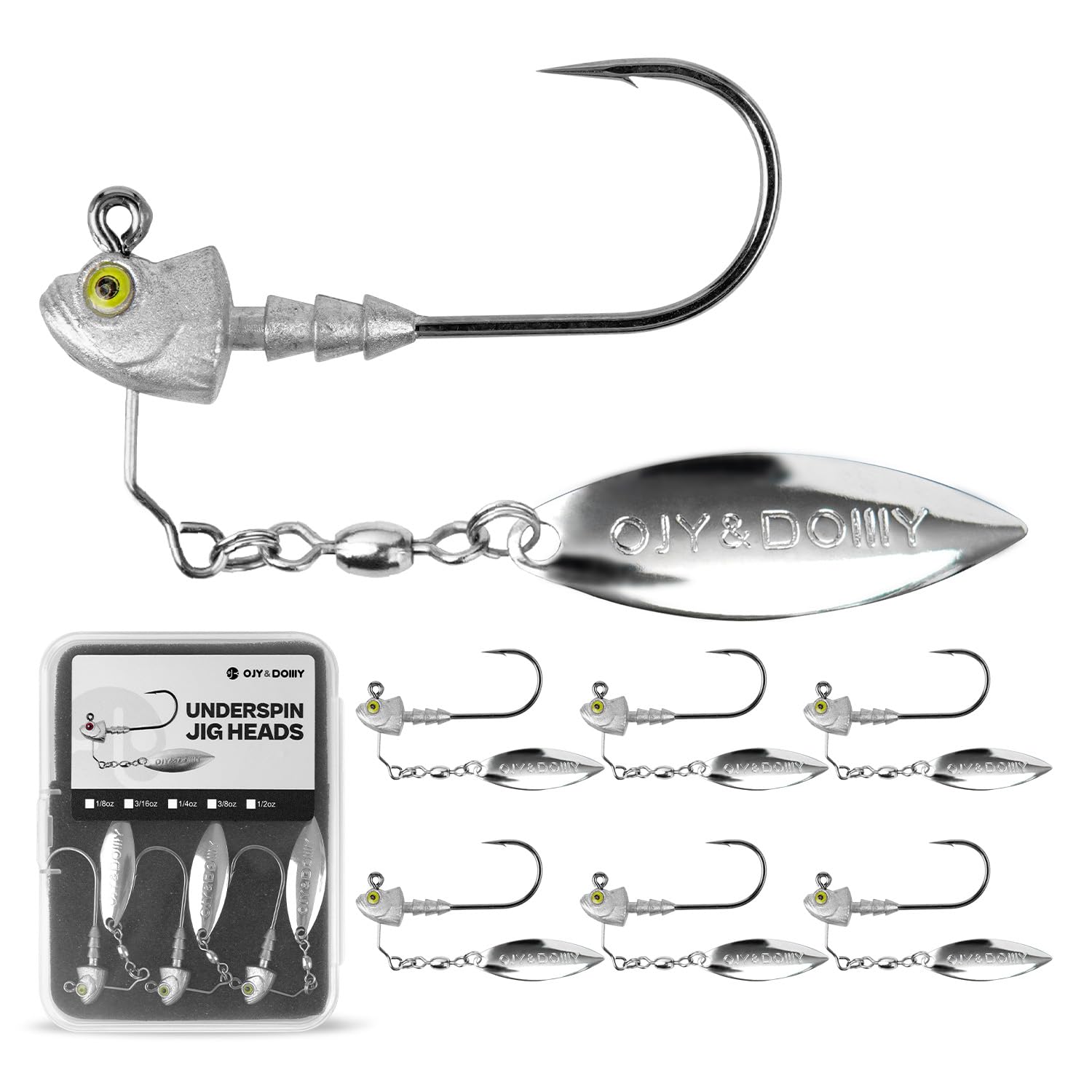 6-Pack Underspin Jig Heads with 100% Brass Blade (Never Rust) - 3/16oz, 1/4oz, 3/8oz, 1/2oz - Bass & Saltwater Fishing