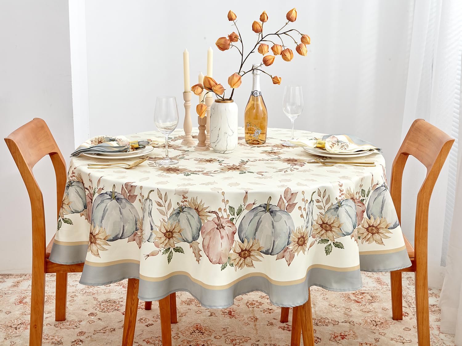 YiHomer Blue Pumpkin Bordered Thanksgiving Tabletop, Stonewashed Fall Pumpkin and Sunflower Cottage Print Easy Care Fabric, Farmhouse Harvest, Tablecloth, 70" Round