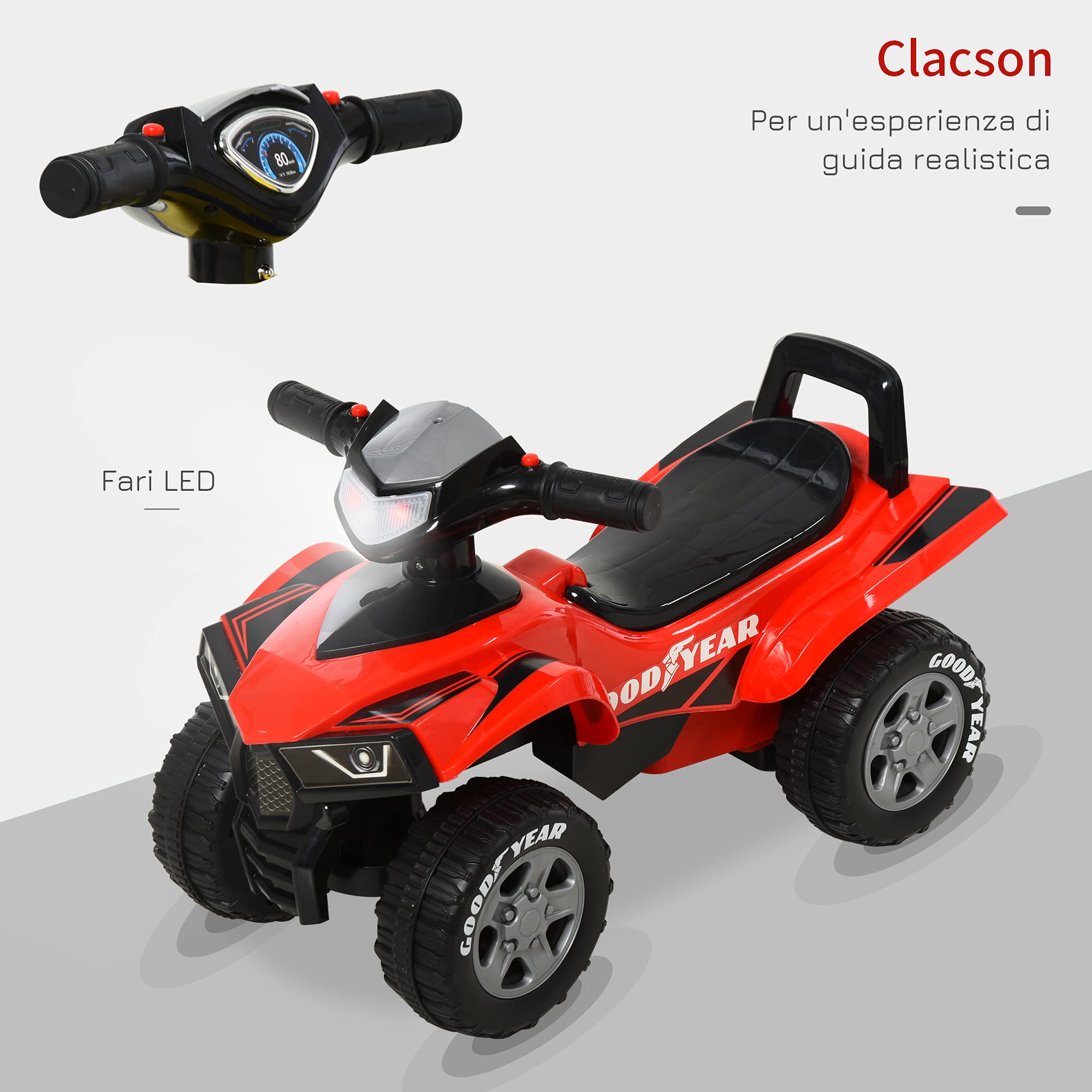 HOMCOM Quad Giocattolo per Bambini 18-36 Mesi con Licenza GOODYEAR con Luci e Suoni Realistici, Rosso e Nero, 60x31x42cm