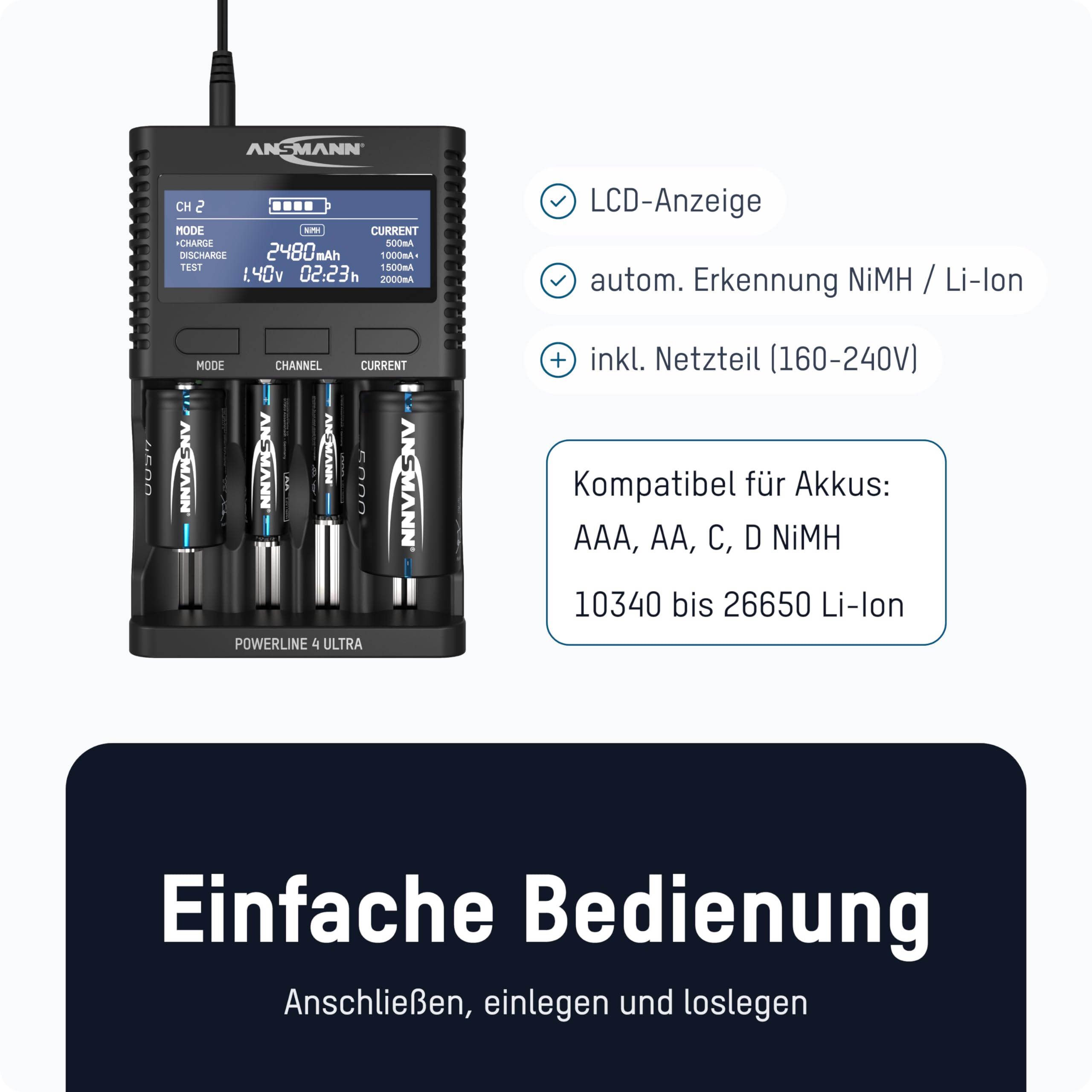 ANSMANN Akku-Ladegerät für 1-4 NiMH & Li-Ion Akkus AAA AA C D LCD-Display | Powerline 4 Ultra Profi-Akkupflegestation, USB-Ladeport für Smartphone, 4 Ladeprogrammen und Einzelschachtüberwachung