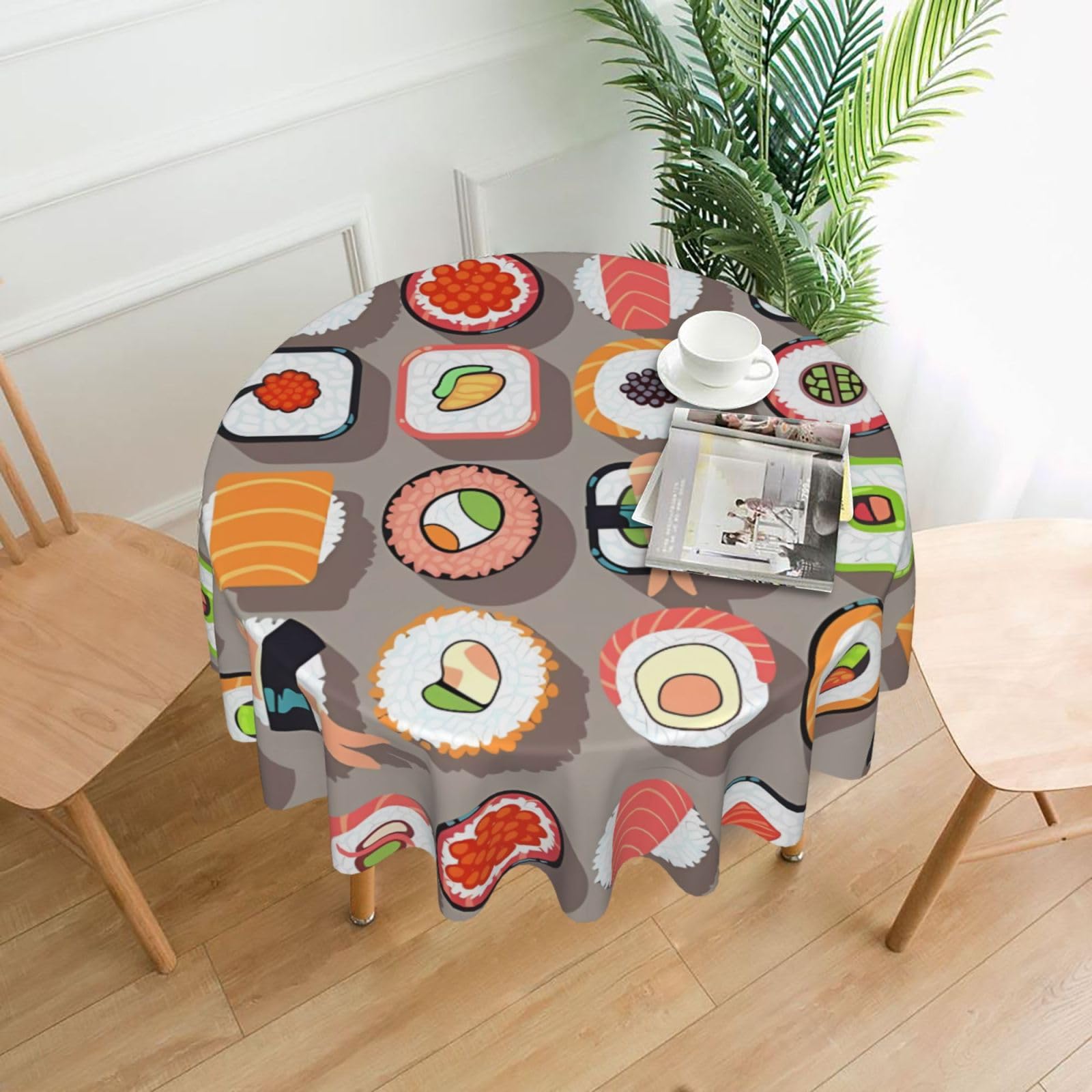 YYHWHJDE Many Sushi Food Prints Round Decorative Tablecloth 60in – Elevate Your Dining Experience with This Stunning Table Throw for Parties & Everyday Use