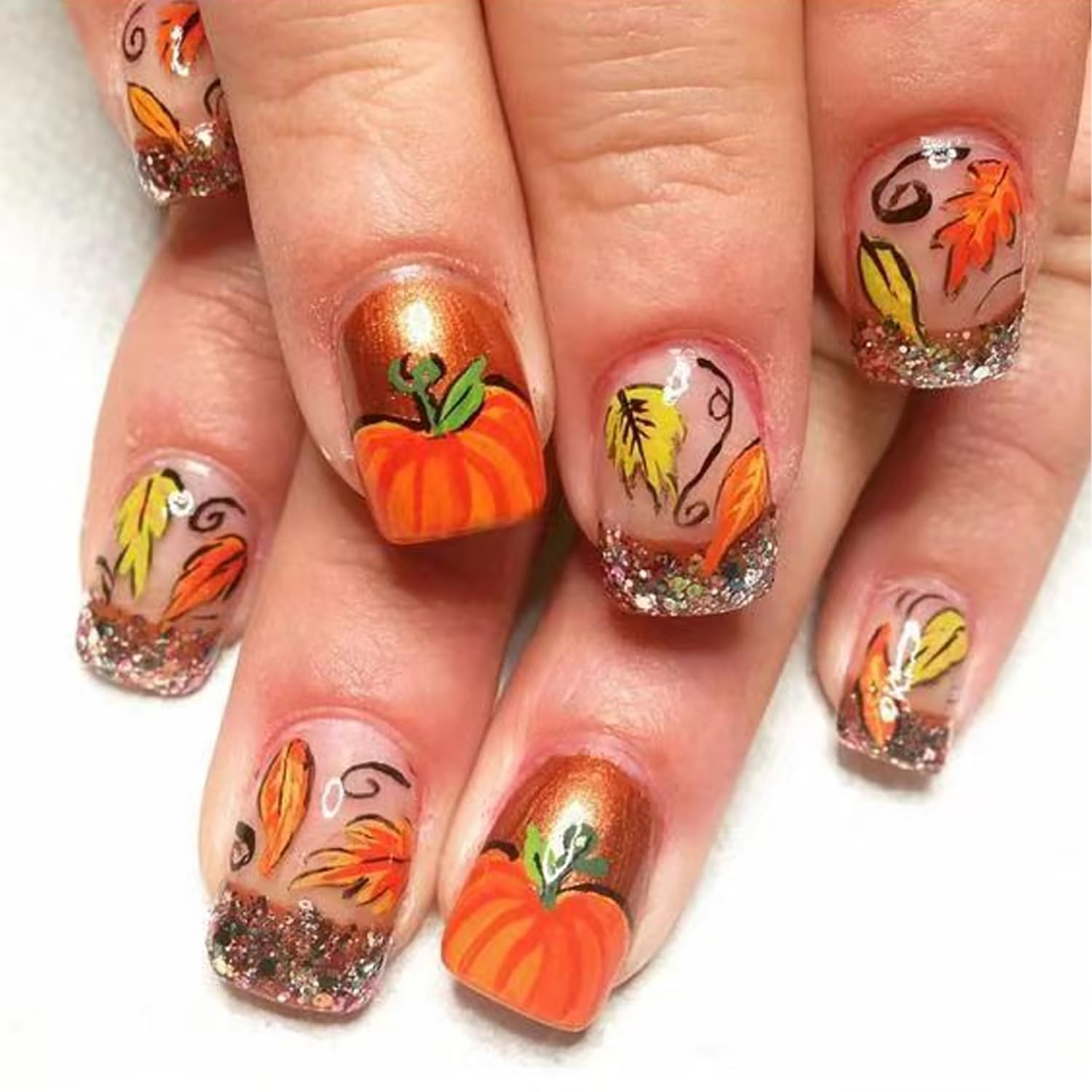 24Pcs Fall Glitter French Tip Press on Nails Short Maple Leaf Fake Nails BMKKOT Fall Press ons Autumn Pumpkin Glue on Nails Thanksgiving False Nails