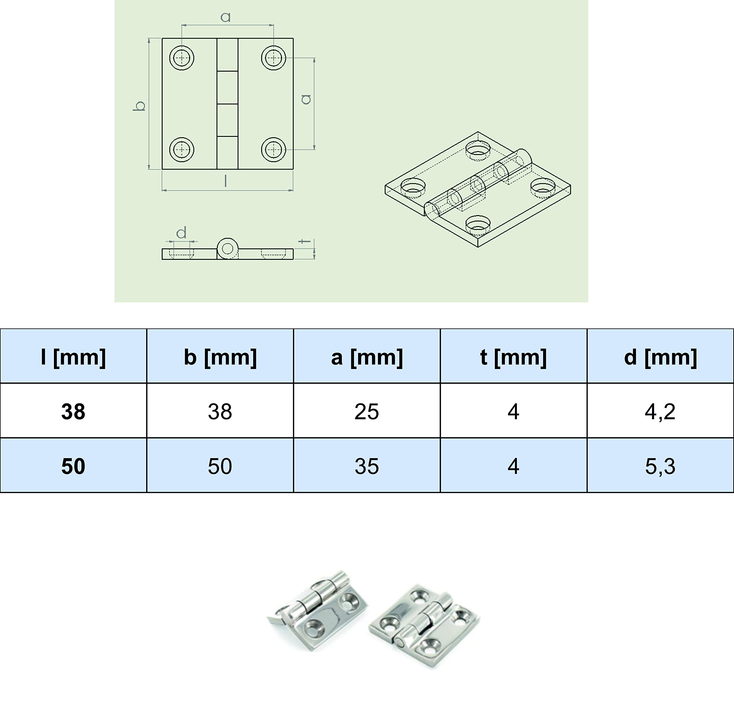 Cerniere in acciaio inox, 4 pezzi, cerniere per porta 38 x 38 x 4 mm, ferramenta, cerniera per barca in A4 V4A - AISI 316 - NIRO, Nirosta