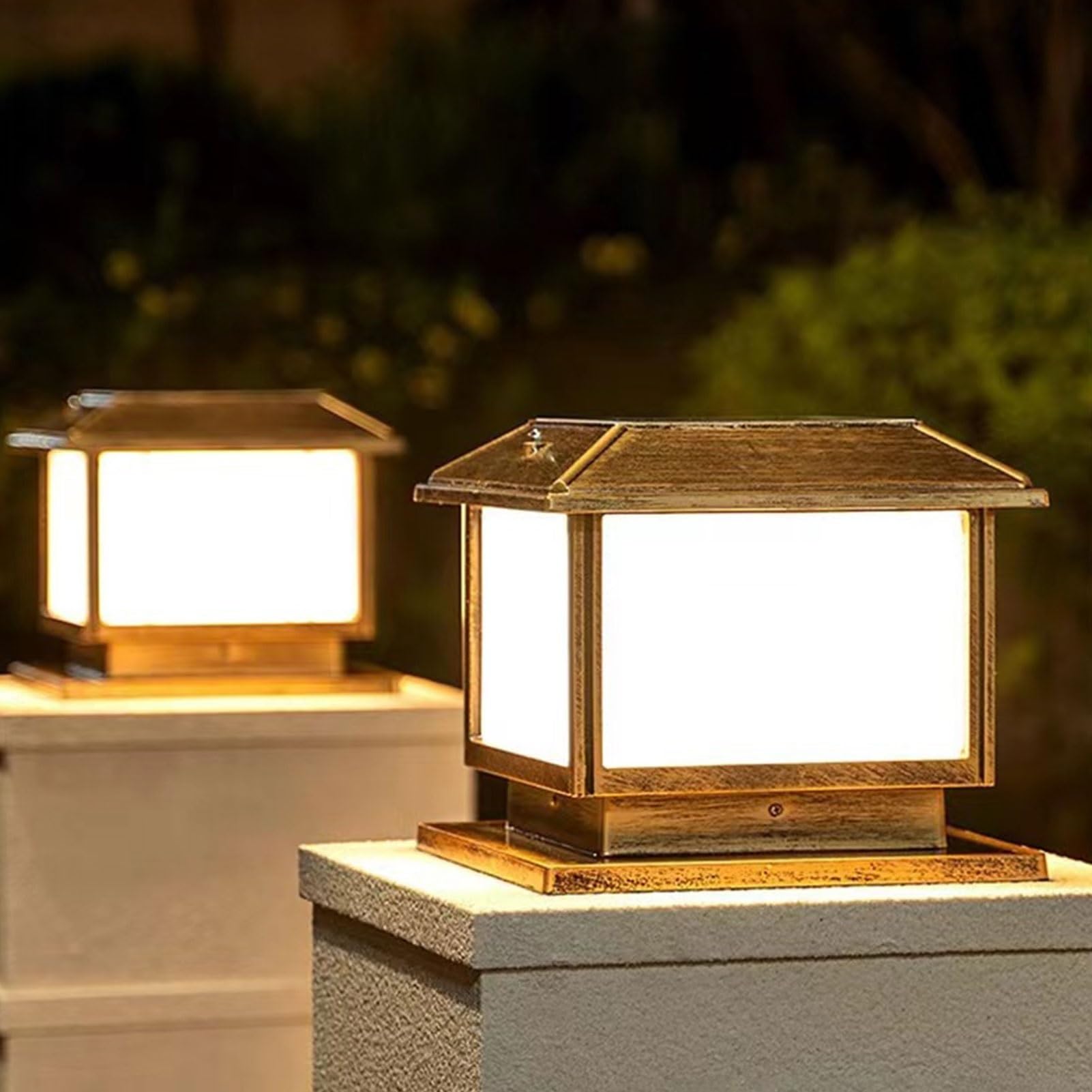 Solar Square Column Lights IP54 Waterproof Safety Pillar Lamp Villa Gate Landscape Aluminum Street Lantern Palace Retro Decoration Outdoor Courtyard Door Patio Garden Post Light (Brown 50cm)