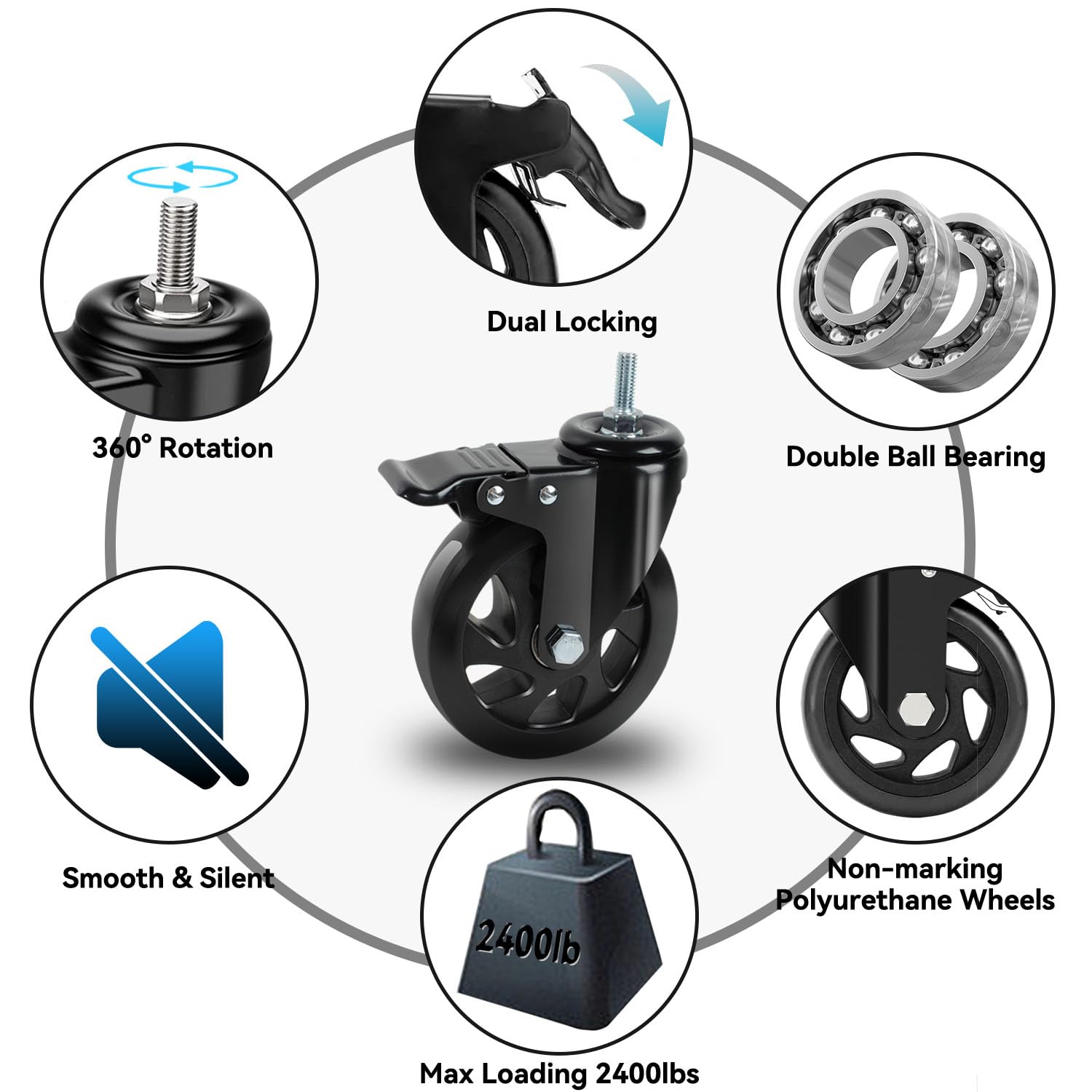 5 Inch Caster Wheels Heavy Duty Stem Caster 2400Lbs, Threaded Stem - View #5