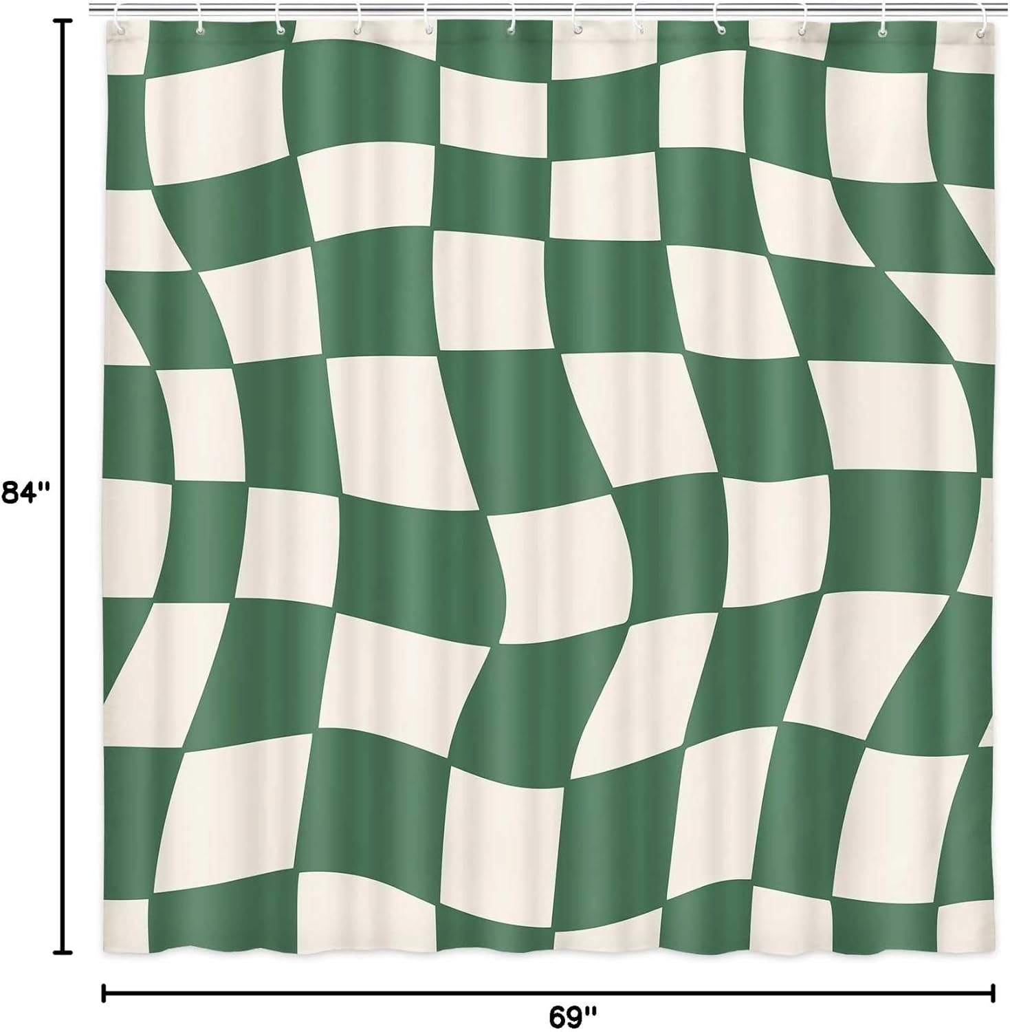Cute Green Checkered Shower Curtain,Vintage 60s 70s Modern Abstract Funky Bathroom Accessories, Trendy Wavy Hippie Grid Fun Aesthetic Groovy Retro Minimal Fabric Bath Curtain Set with Hook, 9X84in