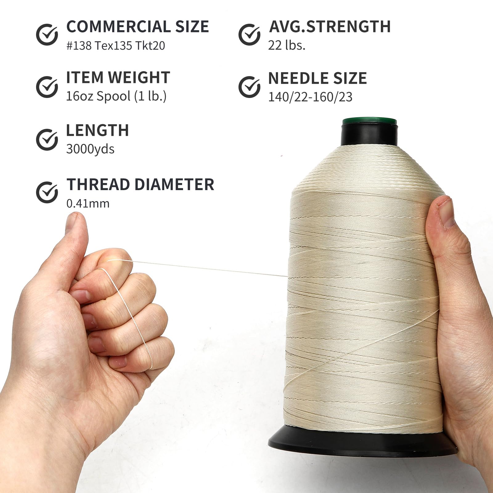 Amazon.com: HILOHILO 超強黏合尼龍線#138 Tex135 – 16 盎司(約473.6 克),3000  碼,皮革、內飾、帆布維修等多功能縫合解決方案(米色) : 藝術、手工藝與縫紉