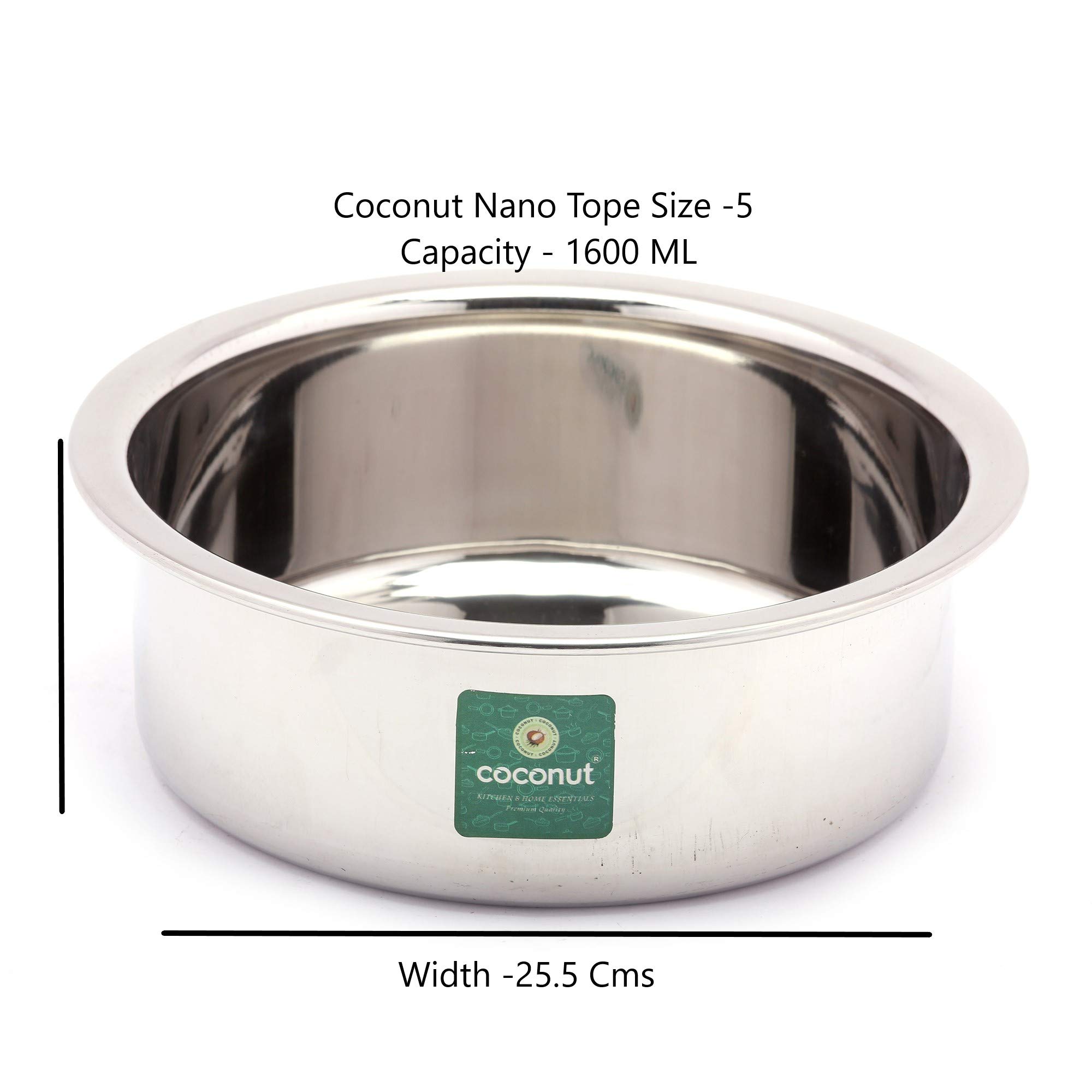 Coconut Stainless Steel (Heavy Guage) Nano Tope - Cook N Serveware-1 Unit - Capacity - 1600 ML - Image 3 thumbnail
