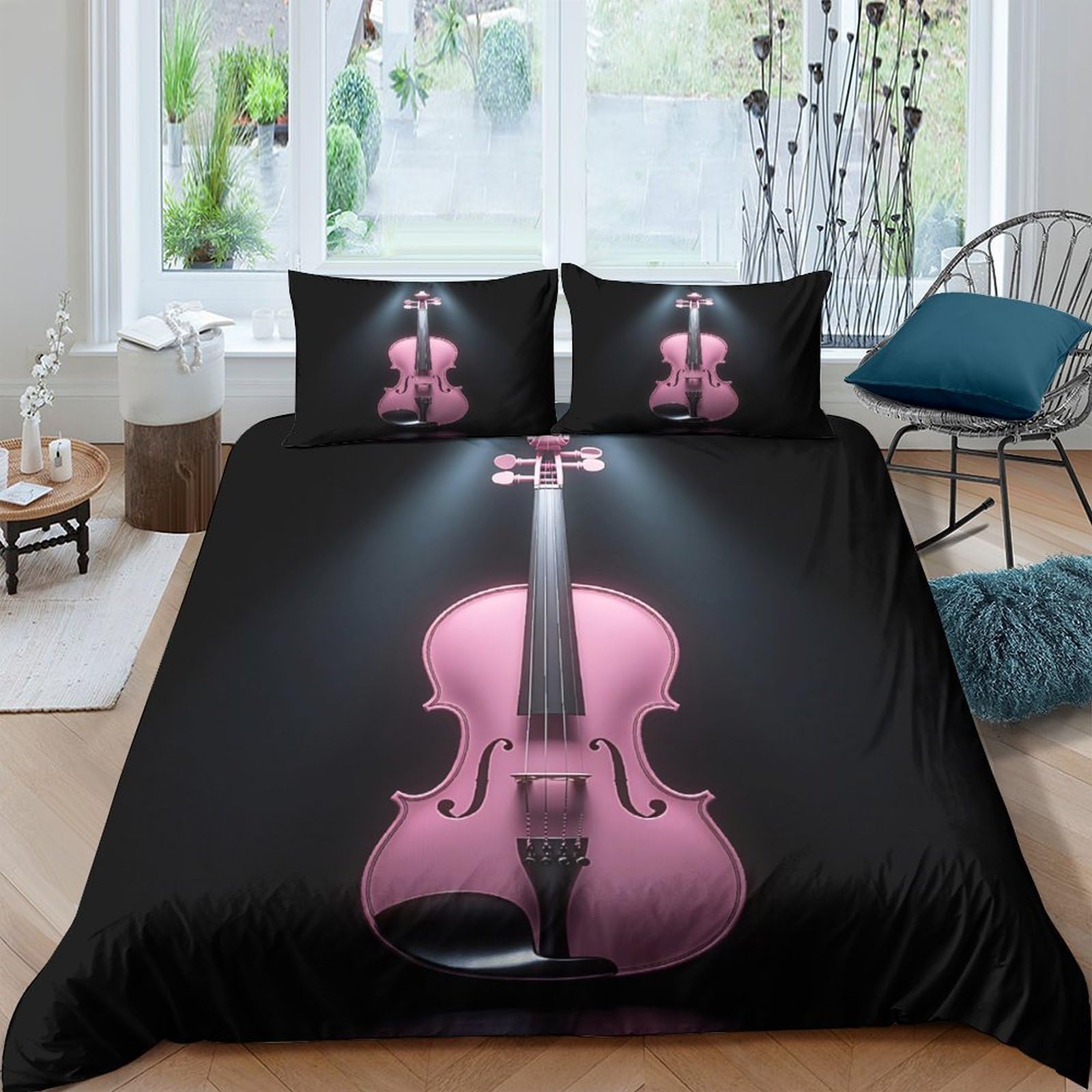 Ctjqhvkz Style-4 3D Printed Pink Violin Fitted Sheet Microfiber Soft Black Instrument Mattress Cover For Bedroom Dorm Room Decor Single（135X200cm）