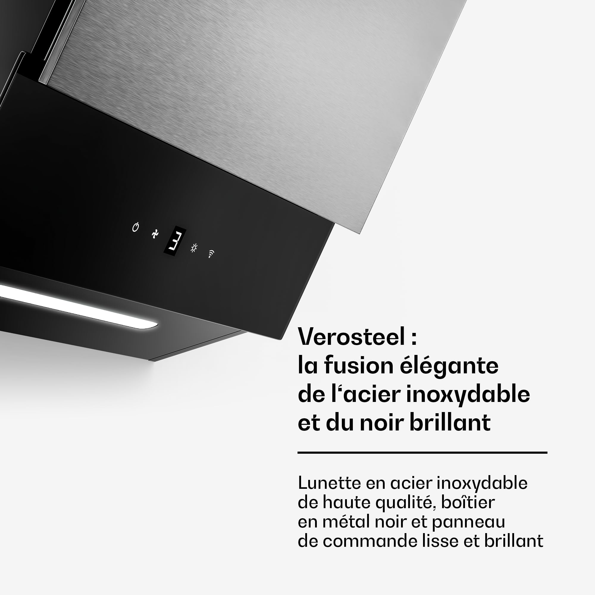 Klarstein Verosteel Hotte Aspirante 45 cm - Hotte Décorative, 624 m³/h, A++, Commandes Tactiles, LED, Filtre Charbon, Inox & Verre Noir, Silencieuse, Cuisine Moderne