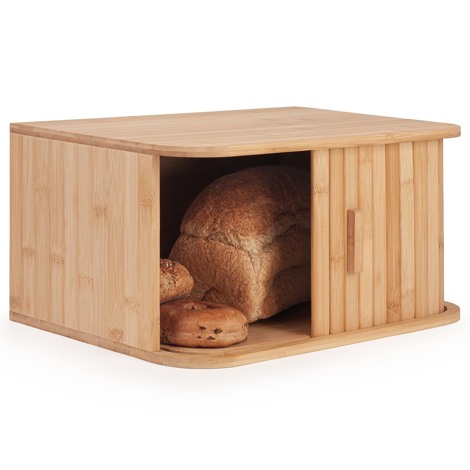 Woodluv Natural Bread Bin Countertop Bread Storage For Kitchen With Rolling Door, 28 X 40 X 20 Cm (No Assembly Required)